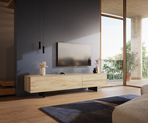 Meuble-TV Cuor 220 cm Céramique Laminam® Sabbia Teinte chêne 1 Clapet 2 Tiroirs Pied optique flottant Métal Noir