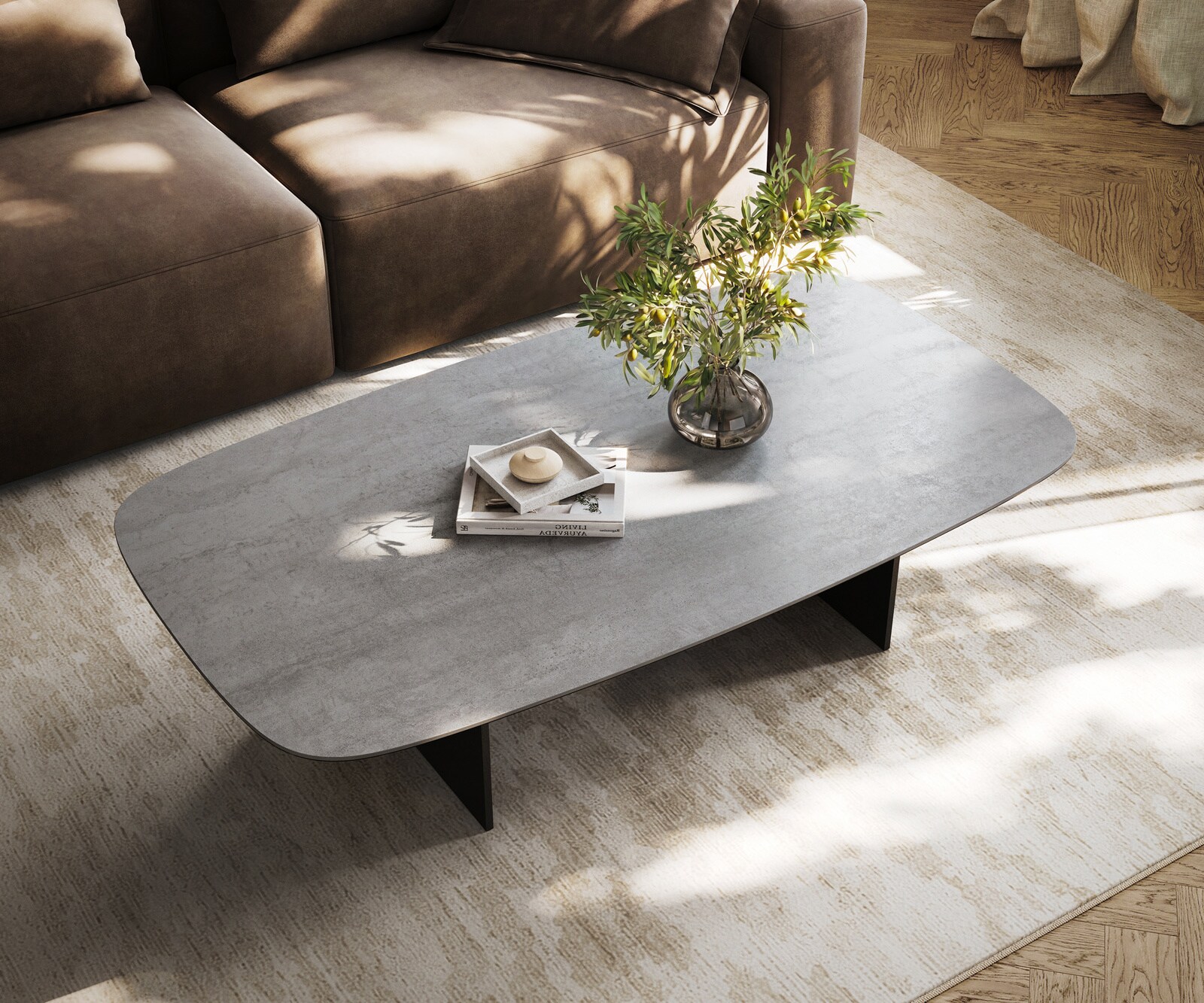 Table basse Edge forme bateau 140x80 cm céramique béton gris Salto métal noir 3
