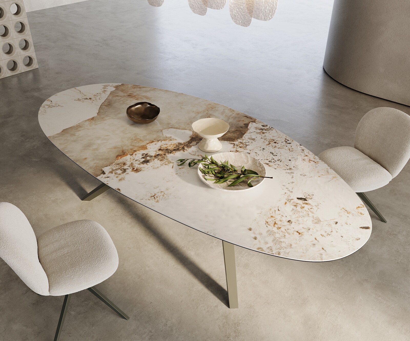 Table à manger Edge Ovale 280x130 Céramique Minas Melange Blanc-Beige Zenthara anguleux Métal finition à effet Titane 2