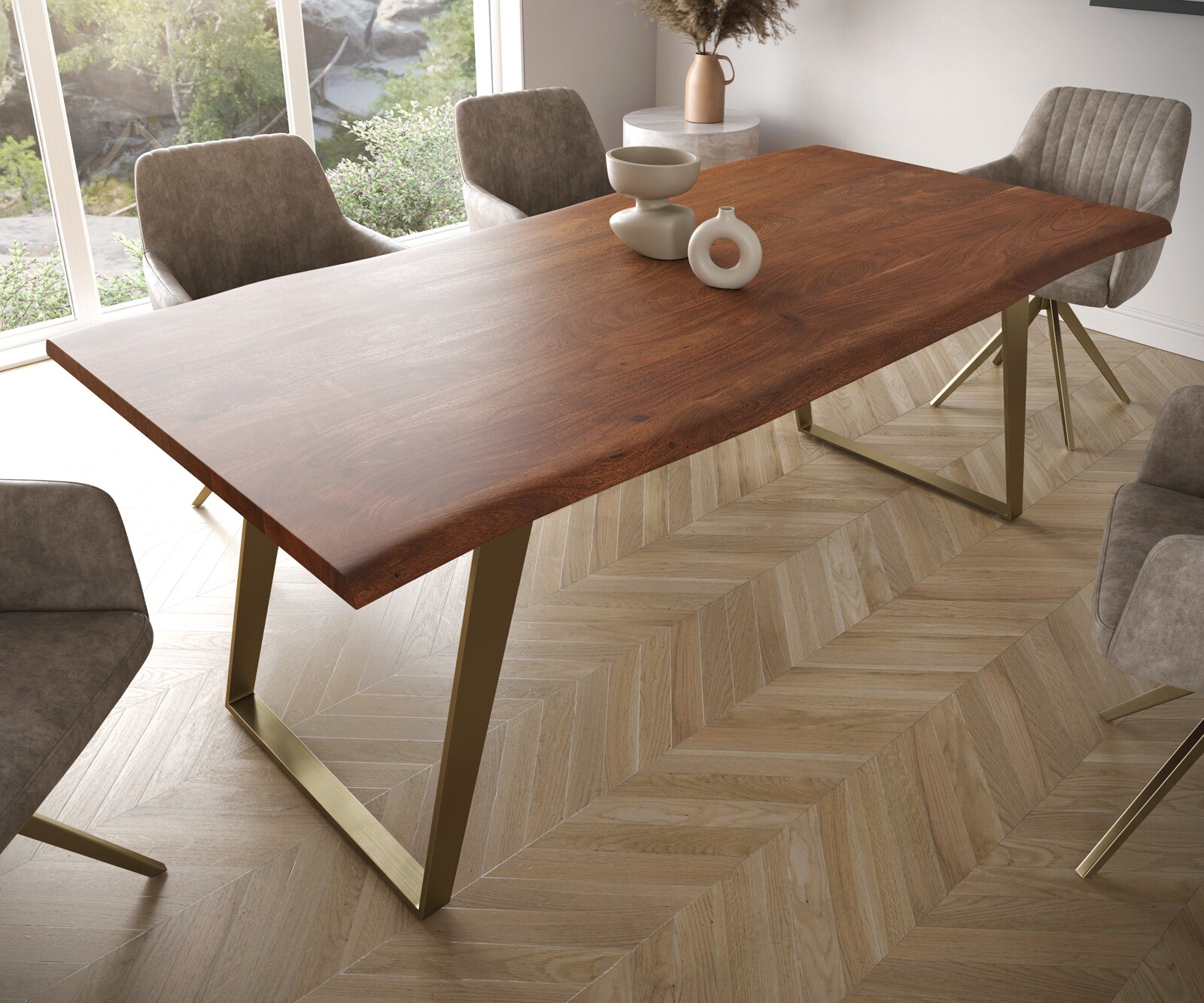 Table à manger Edge 200x100 acacia marron acier inoxydable Gold inclinée Live-Edge 4