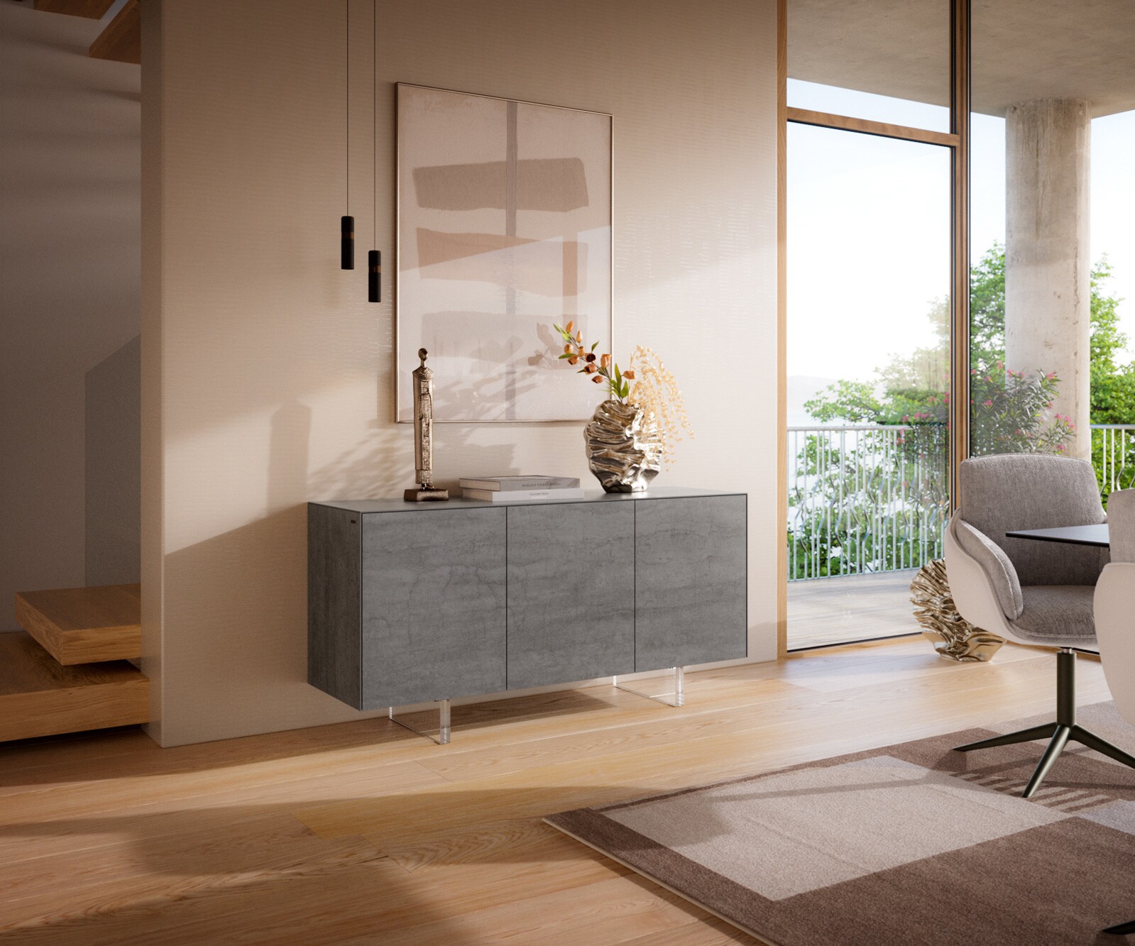 Buffet Cuor 150 cm Céramique Béton gris 3 Portes Pied optique flottant Verre acrylique 1