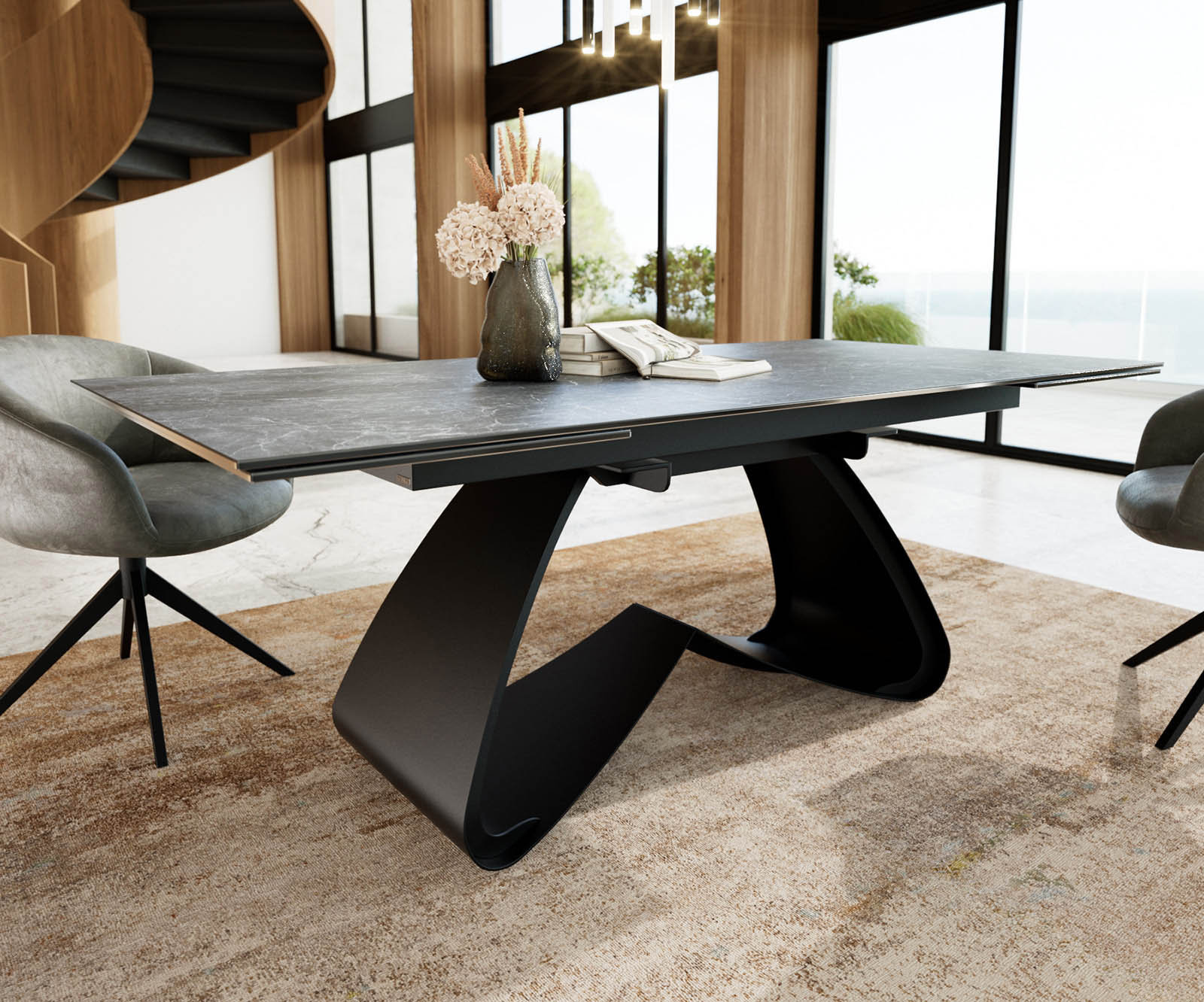 Table à manger Edge 200-300x100 céramique Laminam®Nero Greco gris cadre en W noir extensible 4