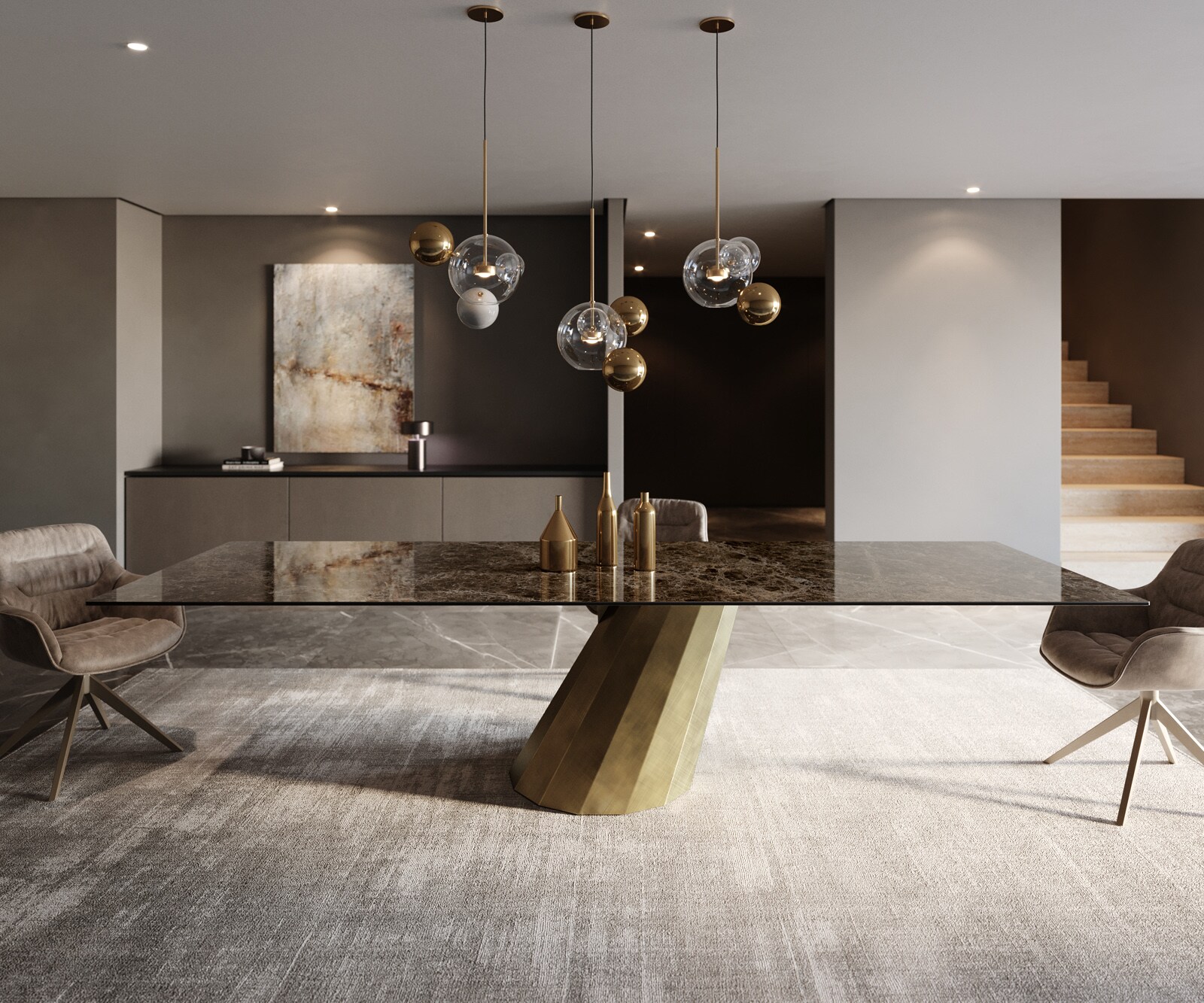 Table à manger Edge 300x100 céramique Laminam® Emperador Extra Lucidato marron foncé parabole métallique doré 2