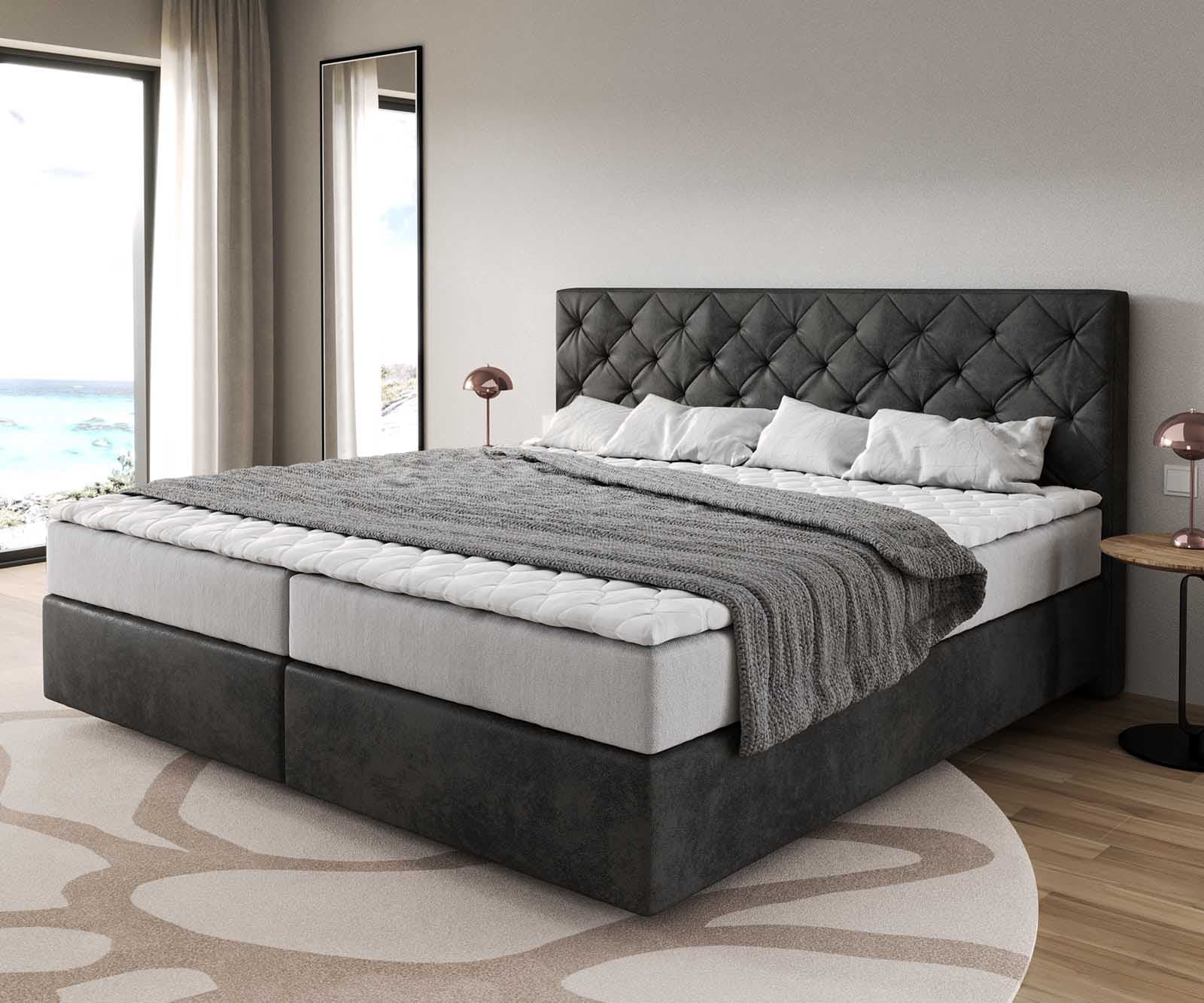 Lit à sommier tapissier Dream-Great Microfibre anthracite vintage 200x200 cm avec matelas à ressorts ensachés et surmatelas en mousse viscoélastique 1