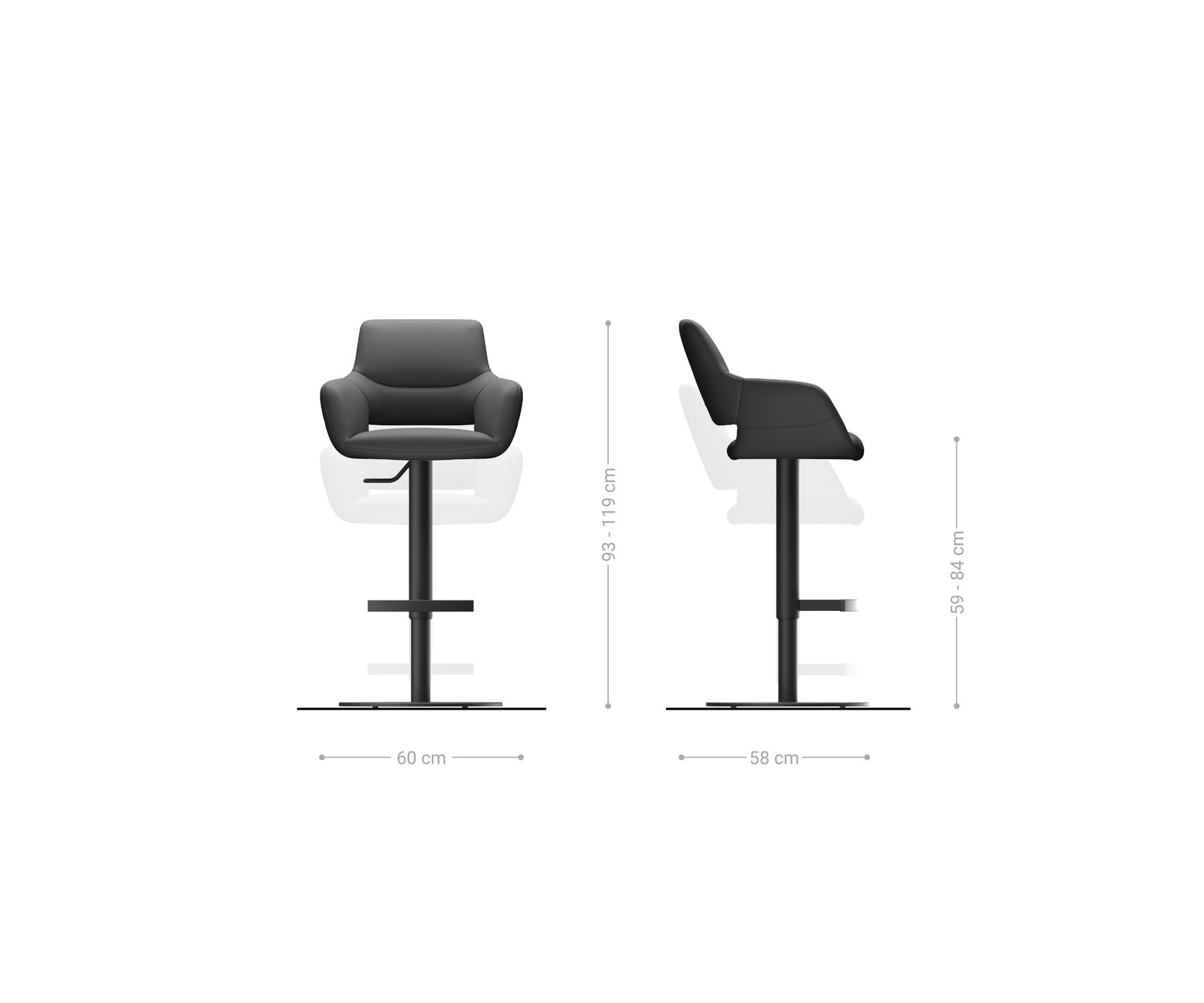 Chaise-de-bar Yago-Flex microfibre anthracite vintage pied pivotant réglable en hauteur métal noir pivotant ressorts ensachés 6