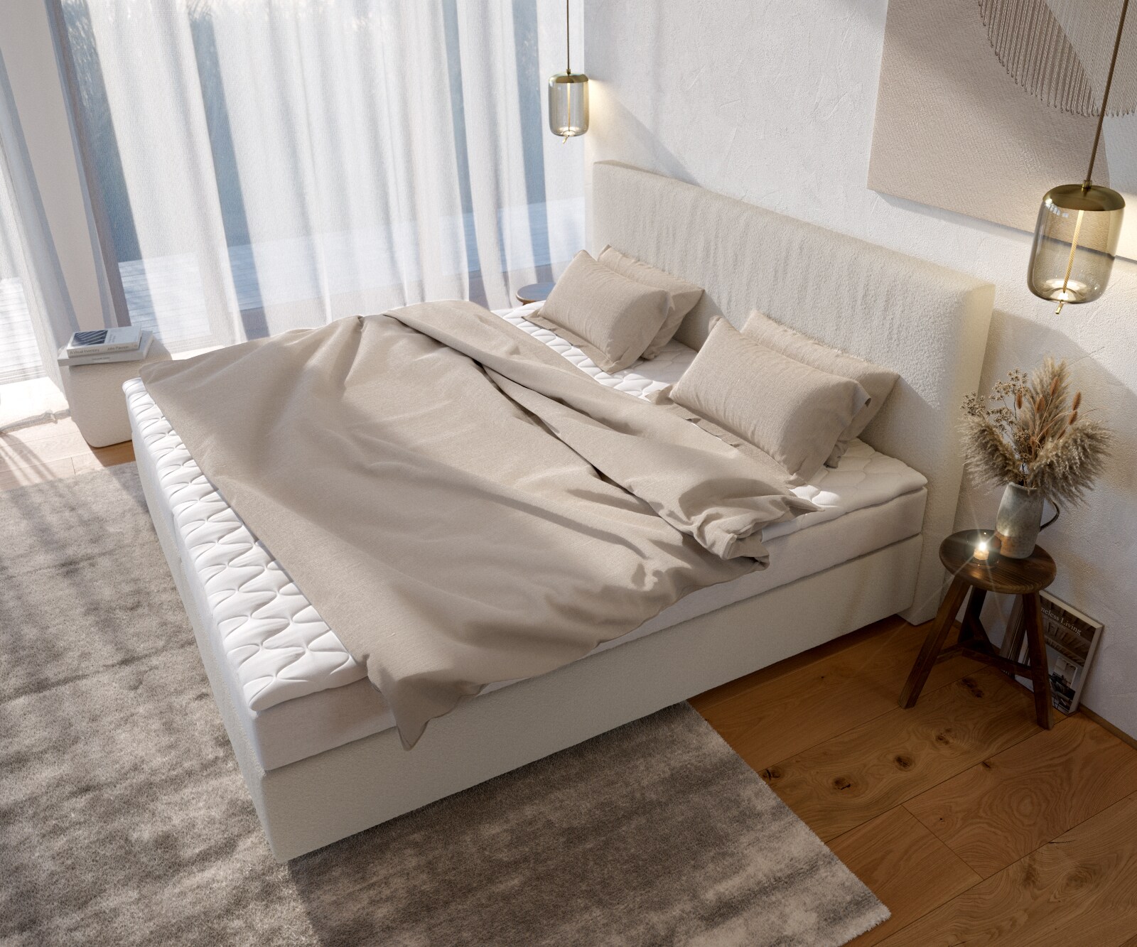 Lit-à-sommier-tapissier Dream-Well Bouclé Crème-Blanc 200x200 cm Matelas Bonell Surmatelas  PU 3 Lit-à-sommier-tapissier Dream-Well Bouclé Crème-Blanc 200x200 cm Matelas Bonell Surmatelas  PU 3