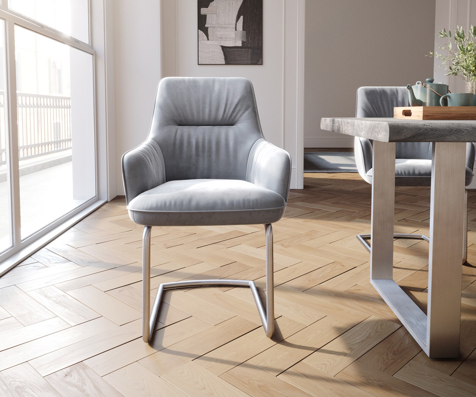 Cantilever Zelia-Flex avec accoudoirs velours gris pied cantilever rond acier inoxydable brossé ressorts ensachés 1 Cantilever Zelia-Flex avec accoudoirs velours gris pied cantilever rond acier inoxydable brossé ressorts ensachés 1