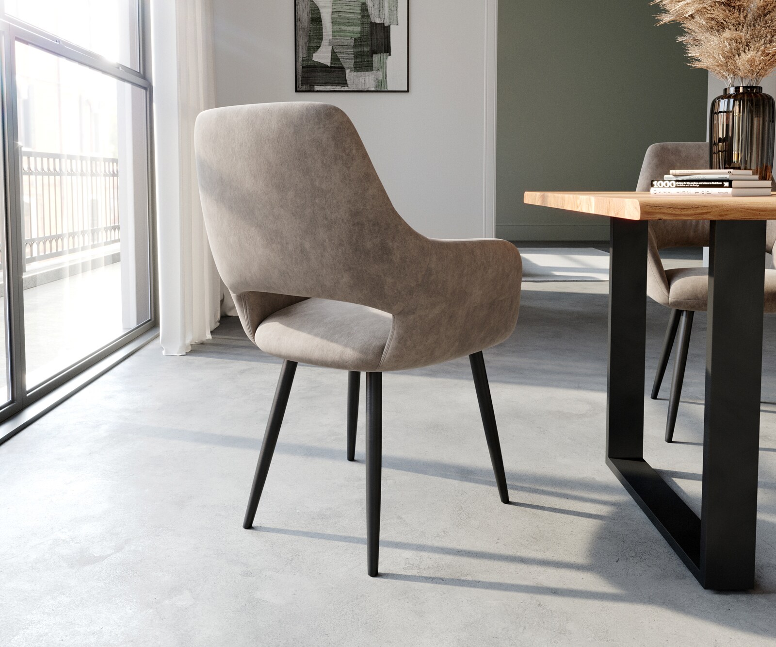 Chaise-de-salle-à-manger Yago-Flex avec accoudoirs microvelours taupe vintage 4 pieds coniques noir ressorts ensachés 5