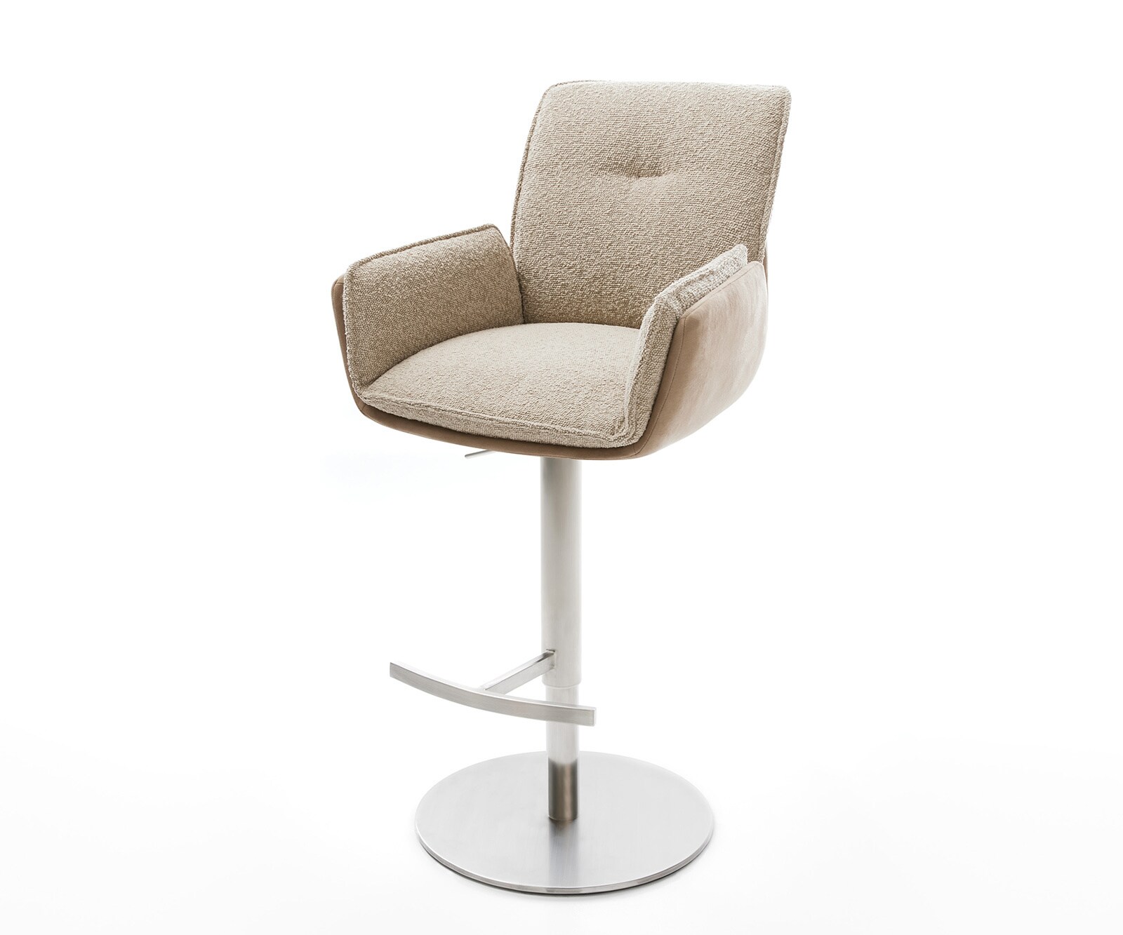 Chaise-de-bar Nela-Flex mélange de matériaux boue pied pivotant réglable en hauteur acier inoxydable pivotant ressorts ensachés