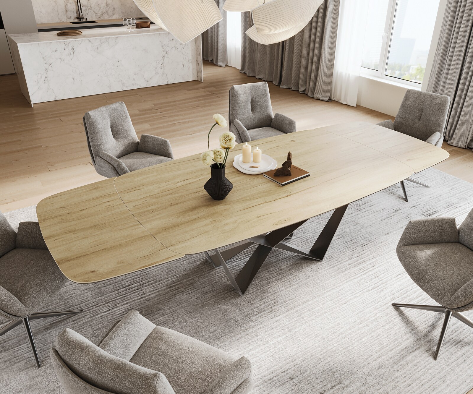 Table à manger Edge Boot 200-300x120 cm Céramique Laminam® Sabbia Eichefarbig Spider Flachstahl Acier inoxydable Graphite extensible 4