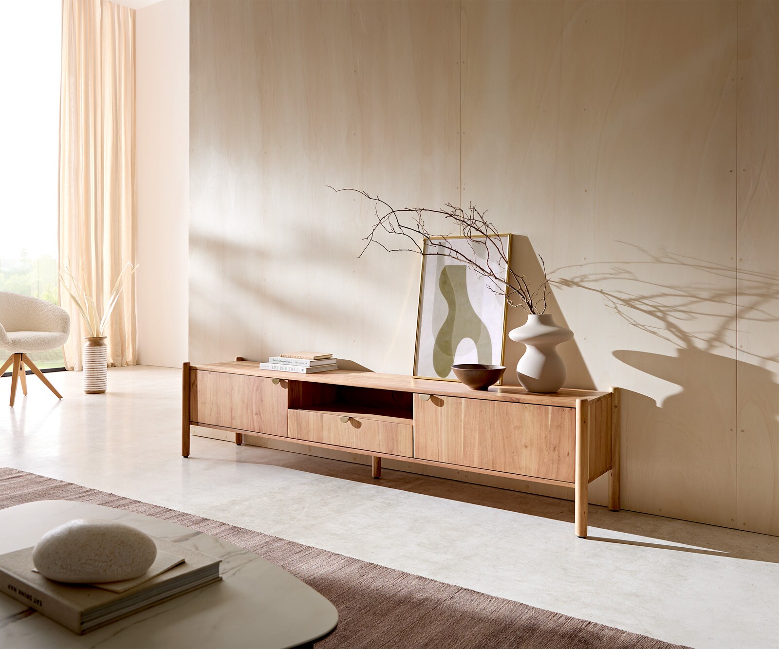 Meuble-TV  Caius 200 cm acacia Aura 2 portes 1 tiroir 1 compartiment
