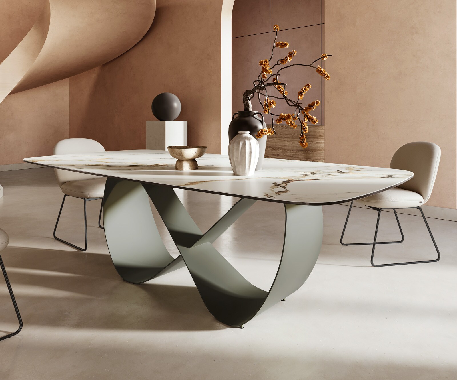 Table à manger Edge Boot 240x120cm céramique Calacatta Luxe blanc-doré-gris Infinity métal effet titane 5