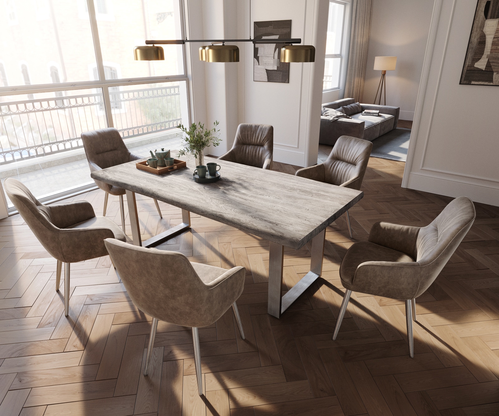 Chaise-de-salle-à-manger Zelia-Flex avec accoudoirs microvelours taupe vintage 4 pieds coniques acier inoxydable brossé ressorts ensachés 4