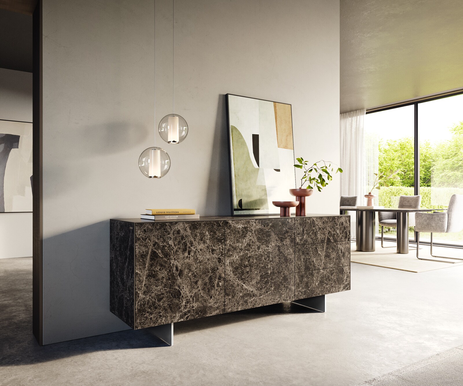 Buffet Cuor 180 cm Céramique Emperador Extra Lucidato brun foncé 2 Portes 3 Tiroirs Pied optique flottant Ancier inoxydable 1