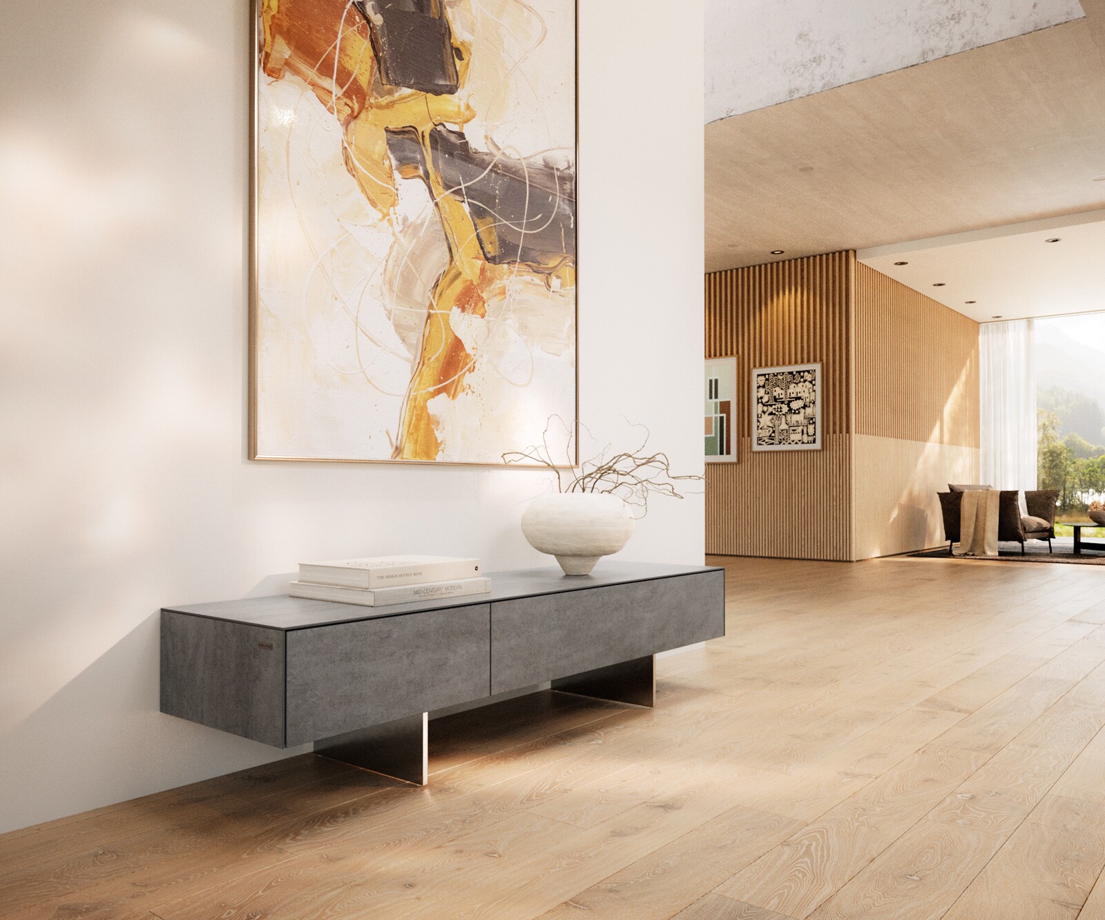 Meuble-TV Cuor 150 cm Céramique Béton gris 1 Clapet 1 Tiroir Pied optique flottant Ancier inoxydable