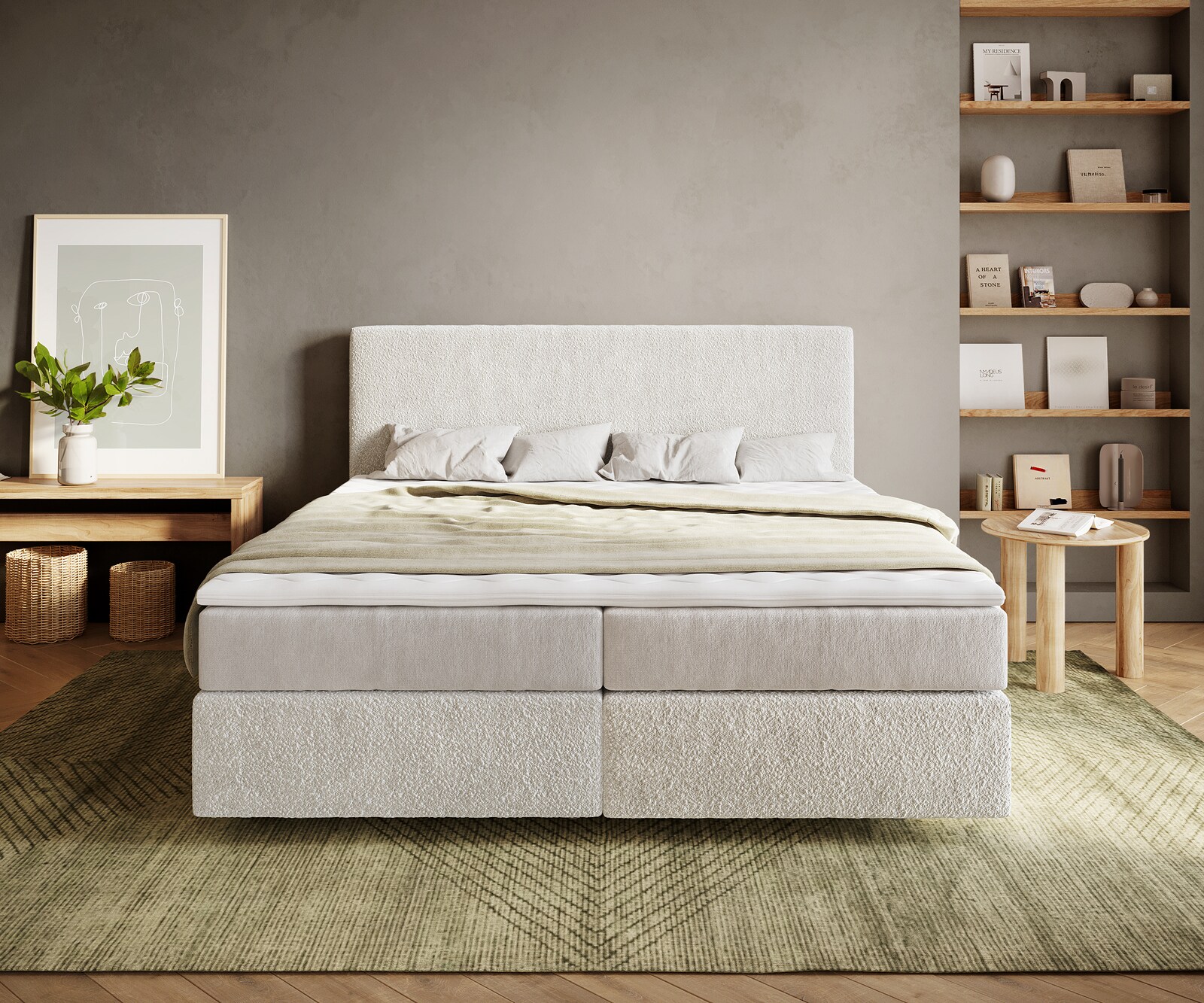 Lit-à-sommier-tapissier Dream-Well 180x200 cm Bouclé Crème-Blanc avec matelas à ressorts ensachés et surmatelas Visco 1