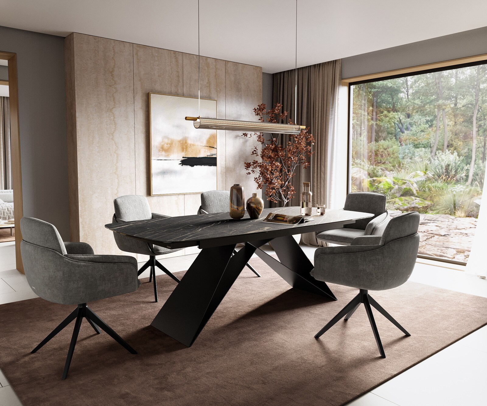 Table à manger Edge Boot 180-220x100 cm Laminam® Céramique Noir Desir Braun piètement en V Flachstahl Noir extensible 6