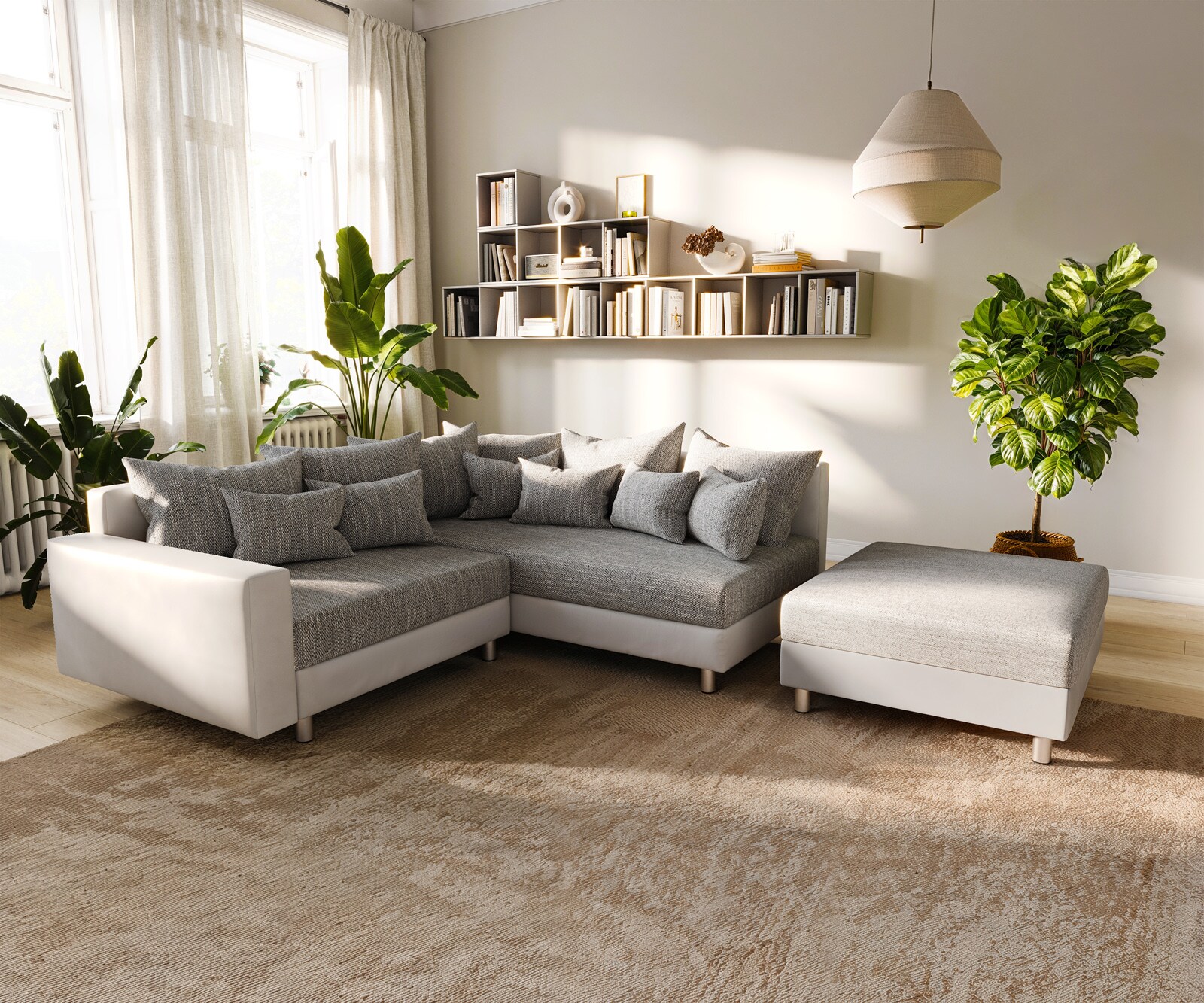 Canapé-d'angle Clovis Blanc Gris clair Tabouret modulaire Accoudoir Pouf Droit