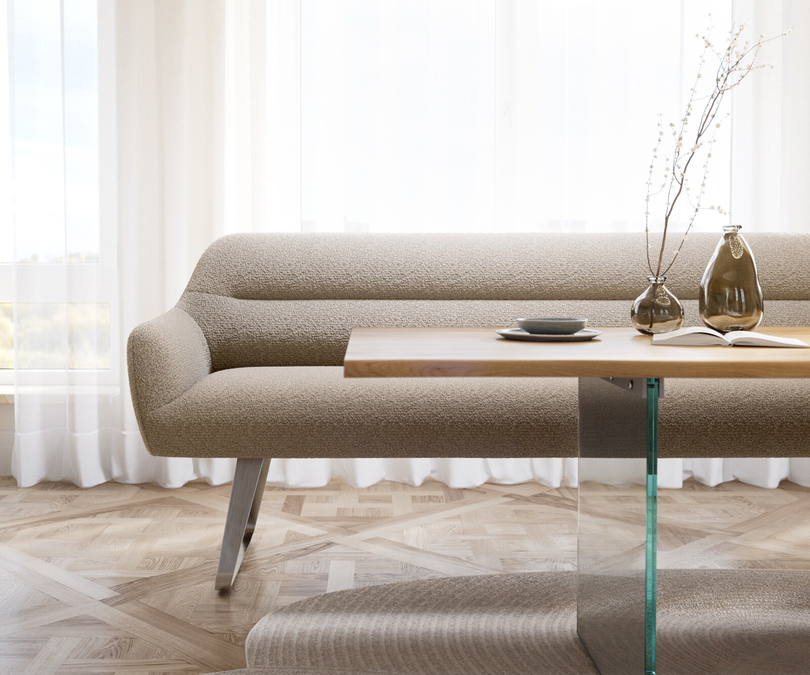 Banc-de-salle-à-manger Taya-Flex 200 cm bouclé boue châssis à patins plat acier inoxydable ressort ensaché 2