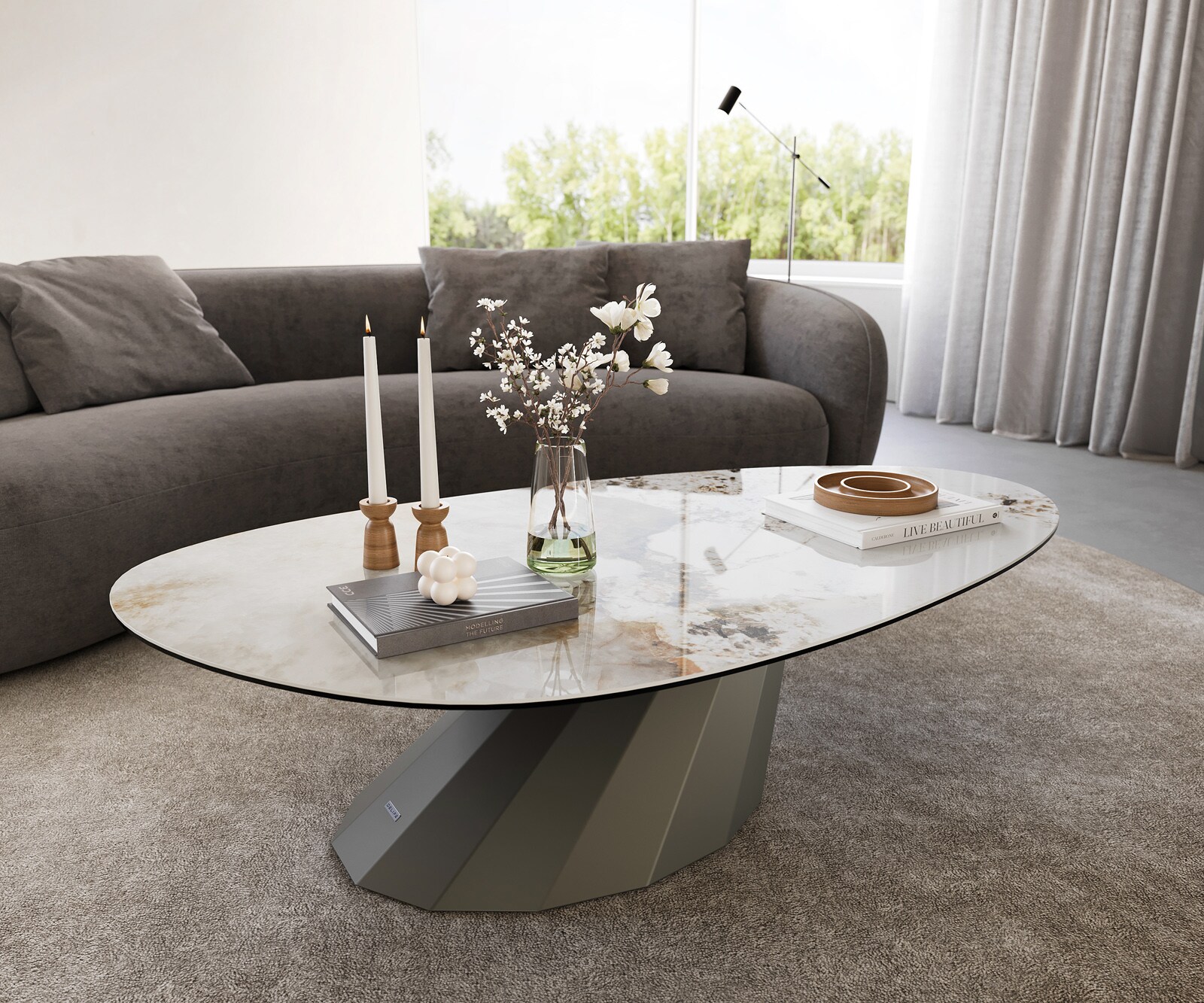 Table basse Edge Oval 140x75 cm céramique Minas Melange Parabi Metall finition effet titane 1