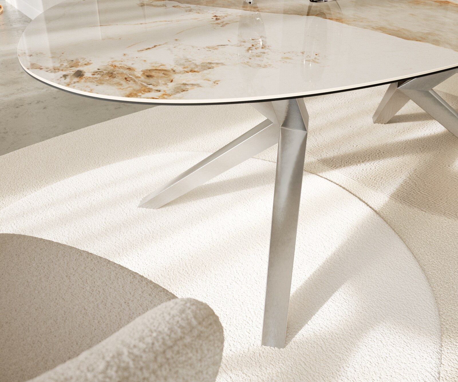 Table à manger Edge Ovale 220x120 Céramique Minas Melange Blanc-Beige Zenthara anguleux Acier inoxydable 5