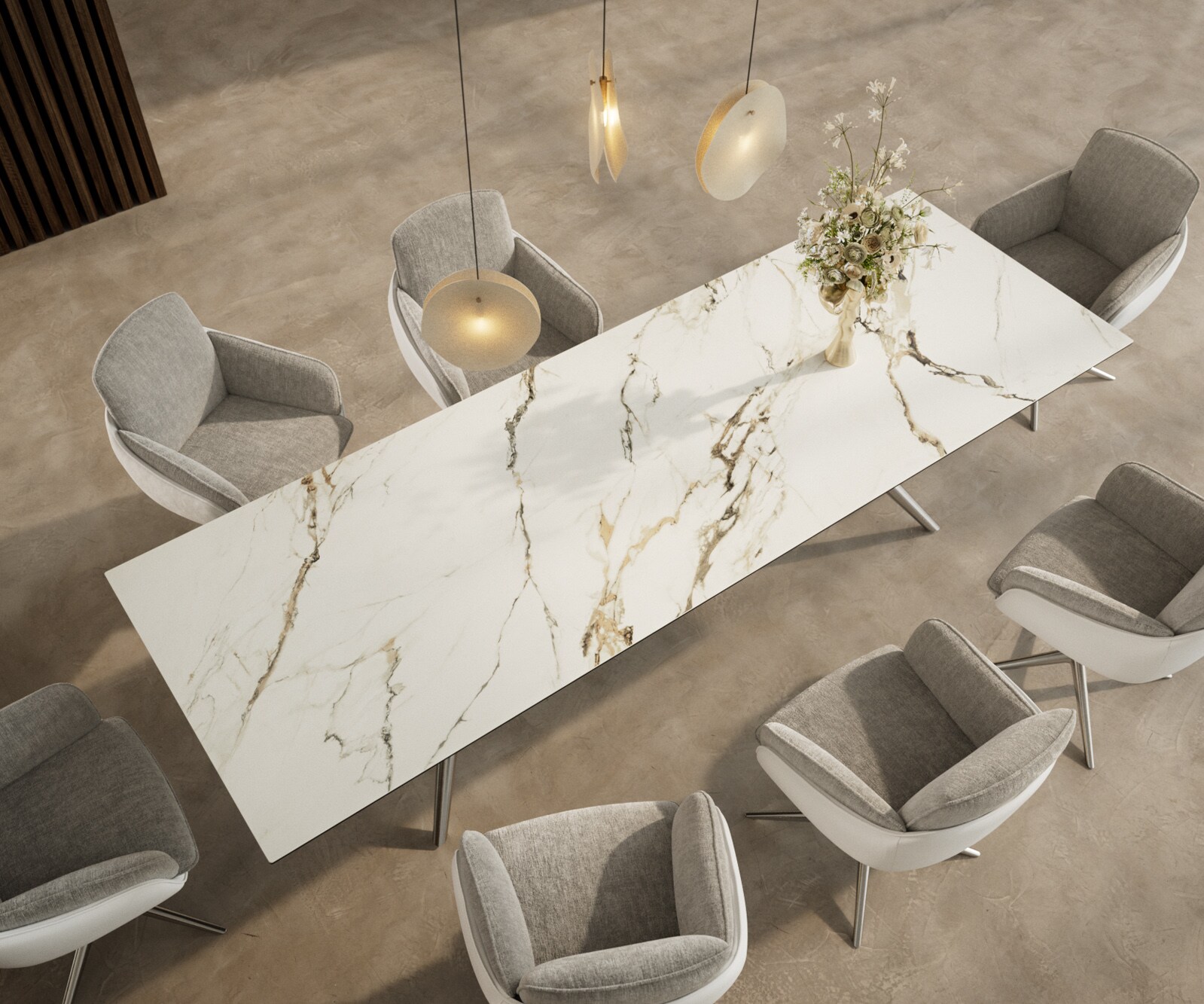 Table à manger Edge 300x100 Céramique Calacatta Luxe Blanc-Doré-Gris Estelar rond Acier inoxydable 3