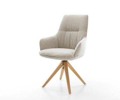 Chaise-pivotante Zelia-Flex avec accoudoirs tissu tissé doux beige pied en bois angulaire naturel pivotement sur 180° resorts ensachés