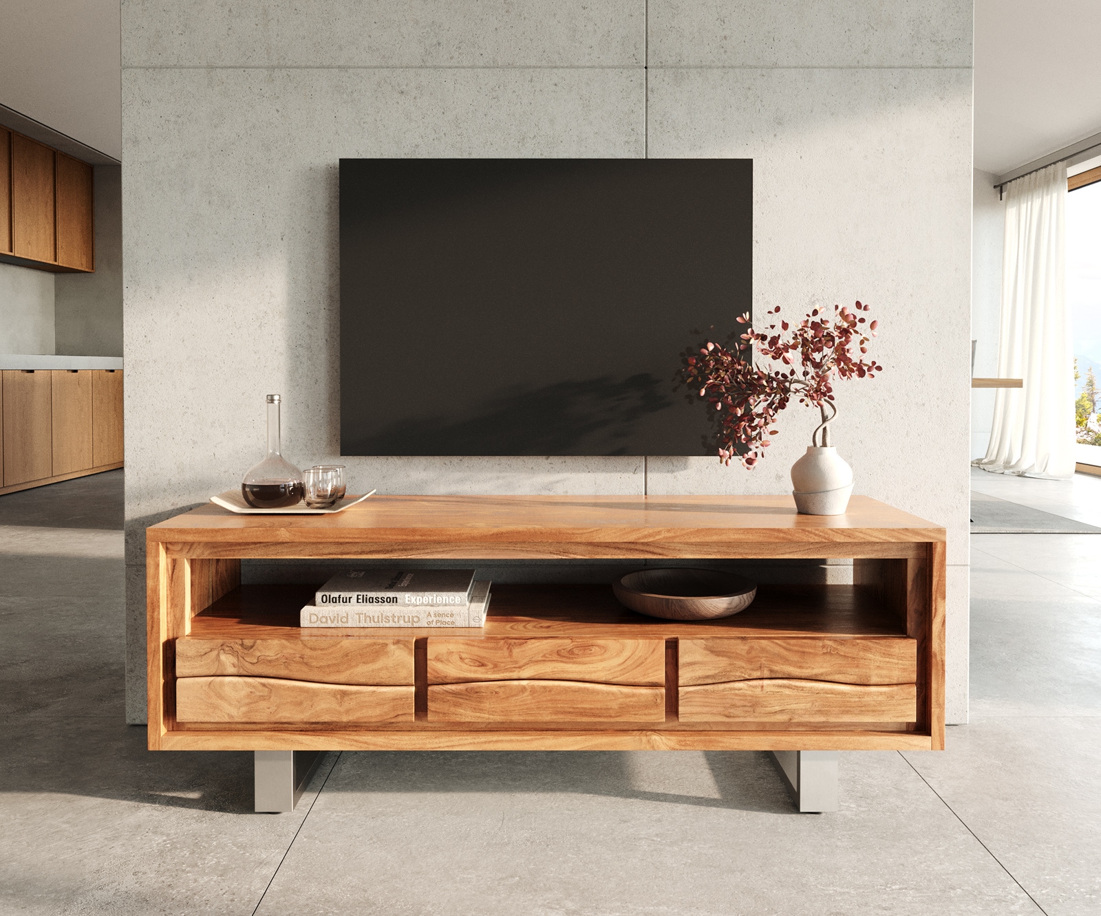 Meuble-TV Live-Edge 146 cm acacia nature 3 tiroirs 1 compartiment 1 Meuble-TV Live-Edge 146 cm acacia nature 3 tiroirs 1 compartiment 1
