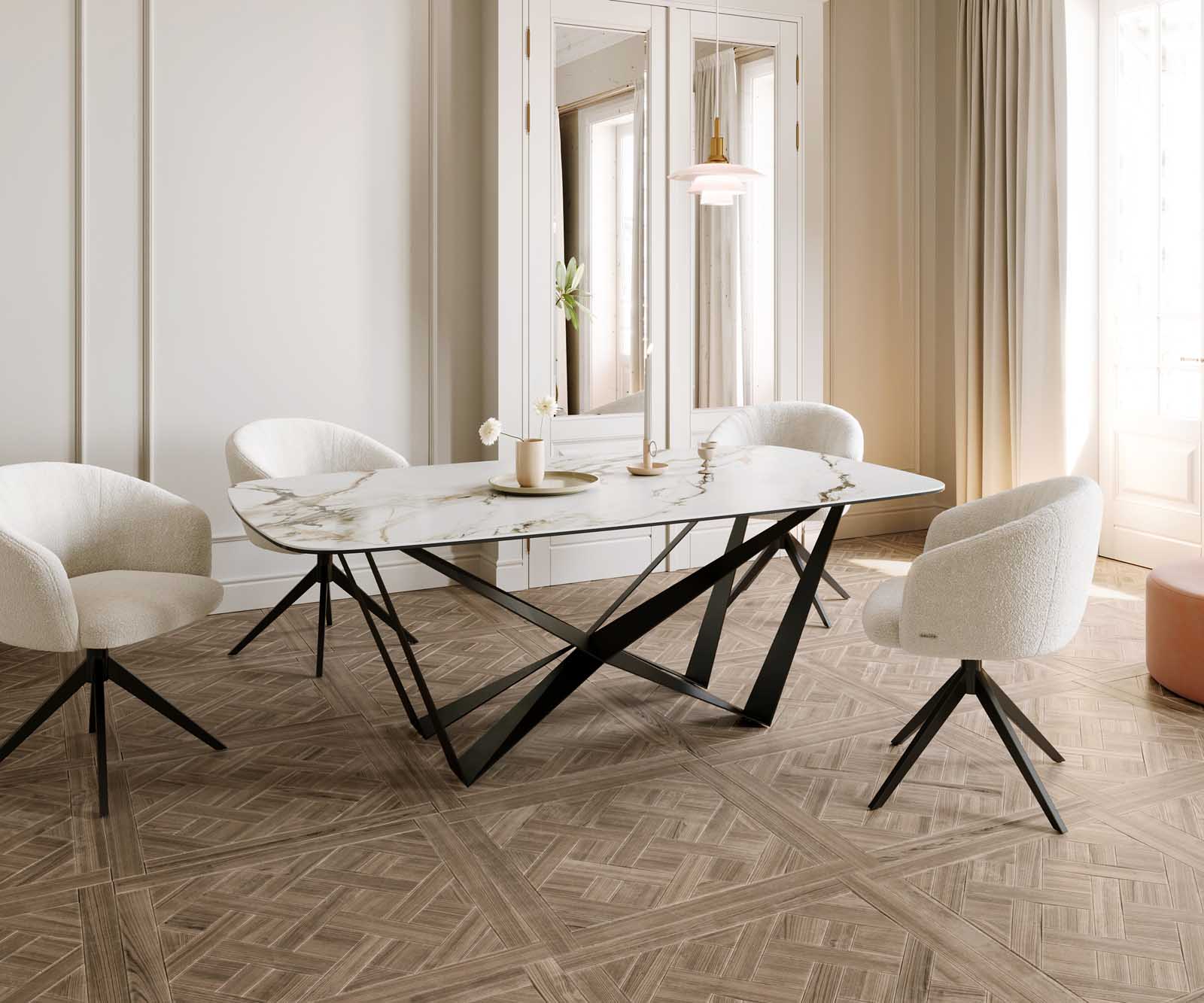 Table à manger Edge en forme de bateau 200x100 céramique Calacatta Luxe blanc-doré-gris Spider acier plat noir 6