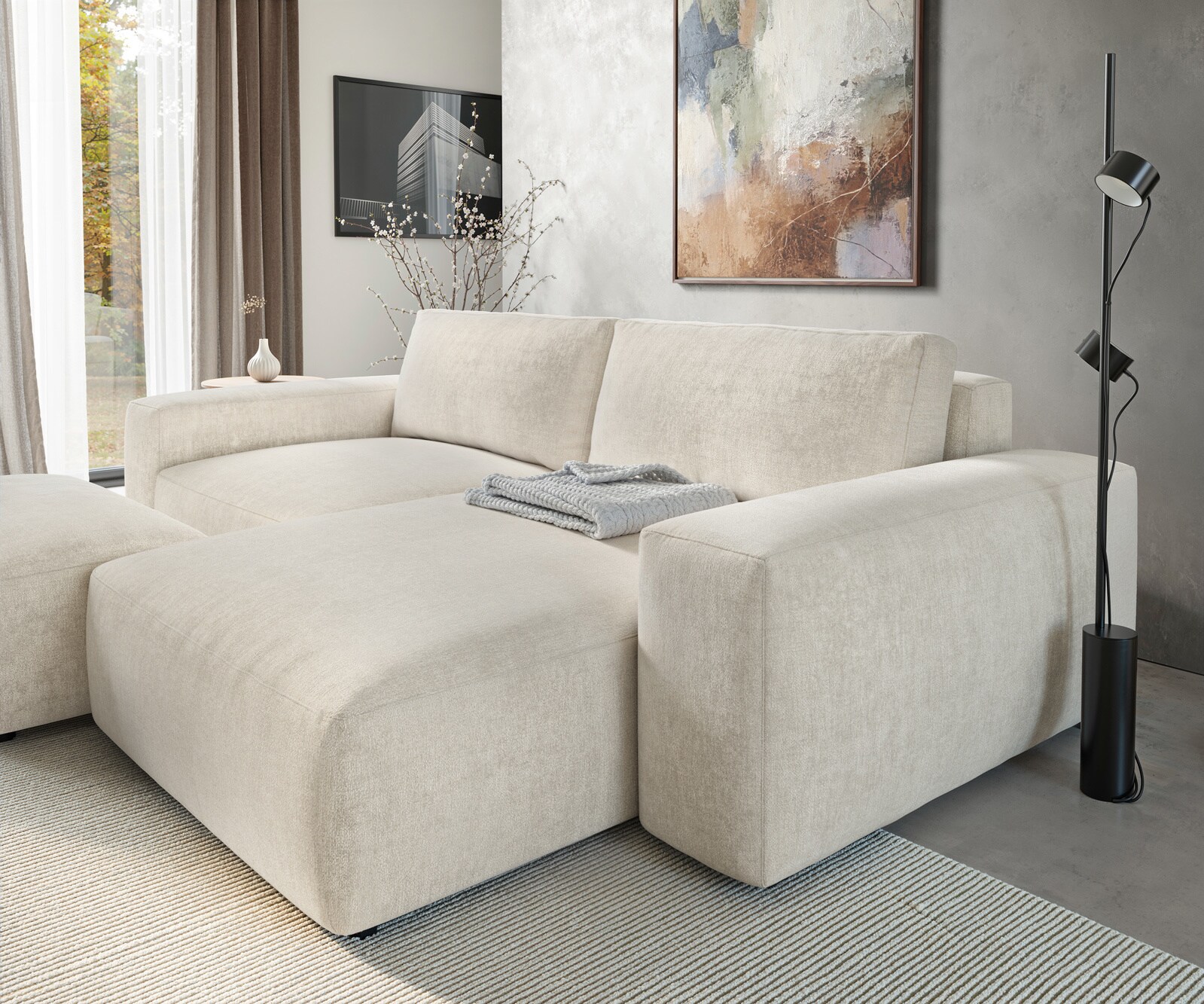 Canapé d'angle Lanzo XL 270x180 cm Tissu texturé doux Beige Méridienne modulable avec pouf 5
