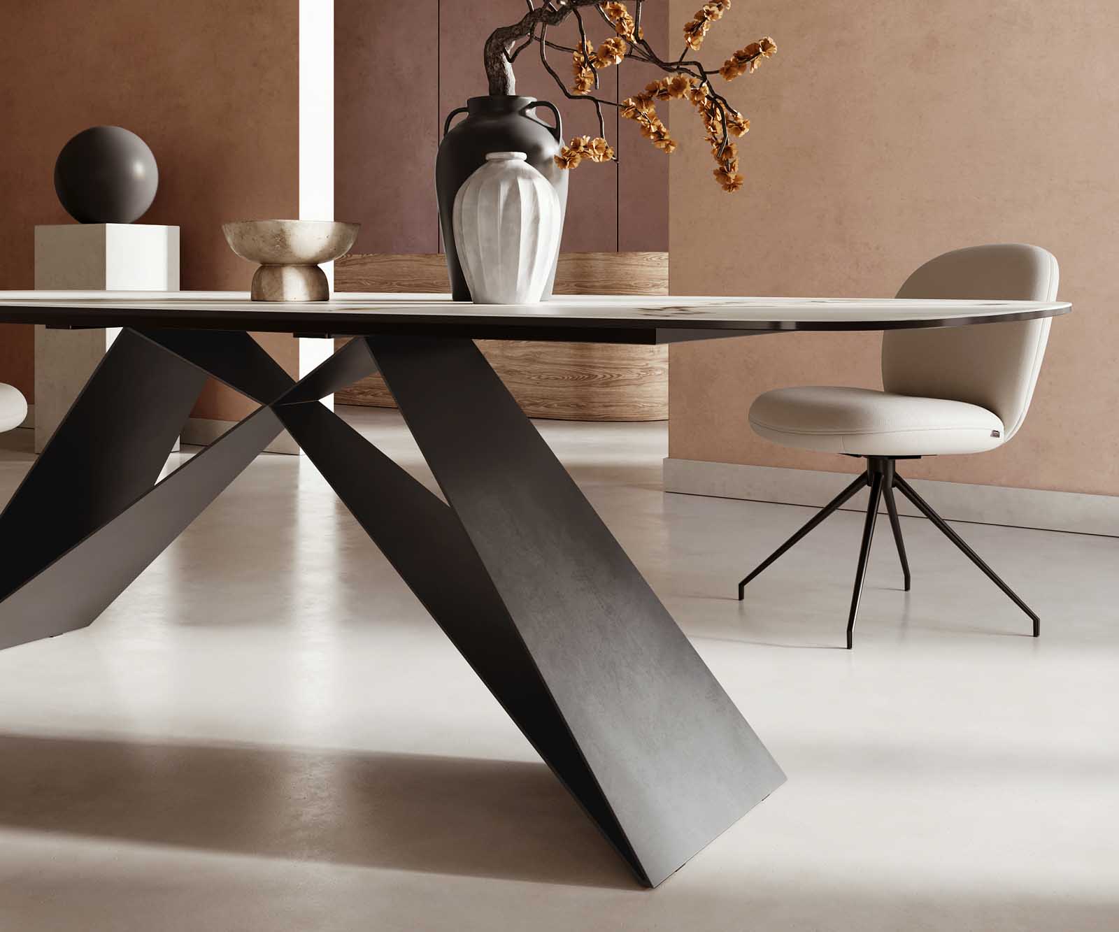 Table à manger Edge en forme de bateau 240x120 céramique Calacatta Luxe blanc-doré-gris cadre en V acier plat noir 5