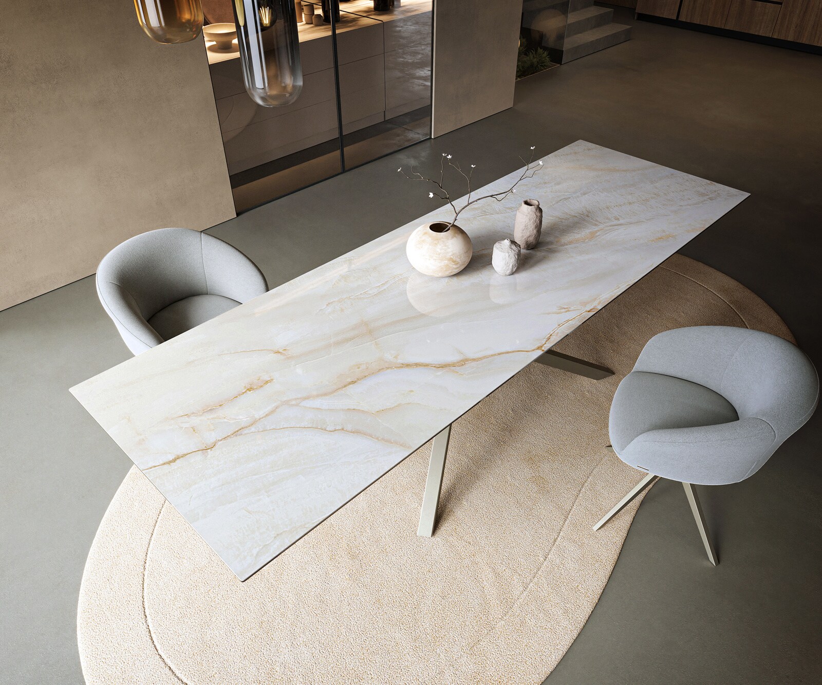 Table à manger Edge 300x100 cm céramique Onyx Pearl piètement croisé rectangulaire finition effet titane 3