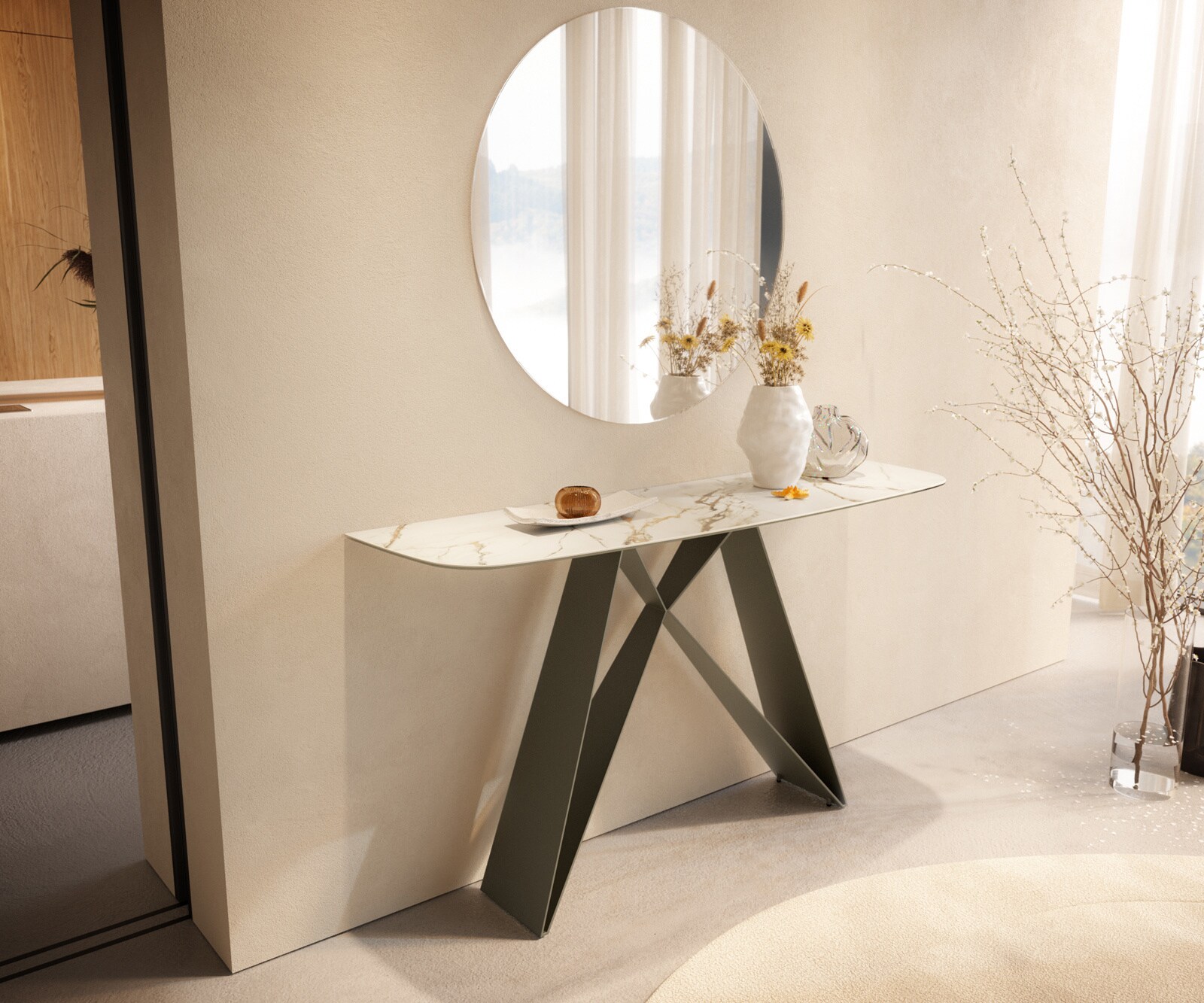 Console Edge forme bateau 140x40 cm Céramique Calacatta Luxe Weiß-Gold-Gris Velio Métal Effektfinish Titan 4