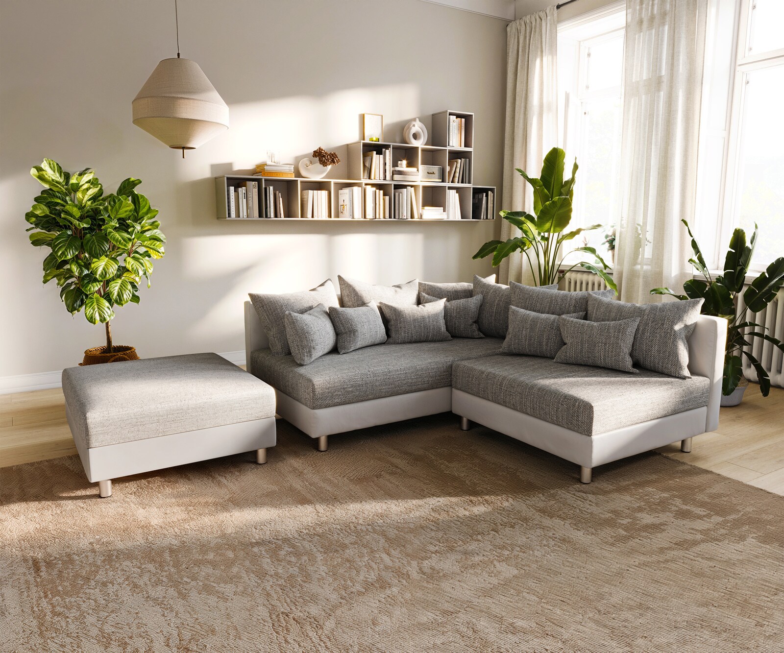 Canapé d'angle Clovis blanc gris clair canapé modulaire tabouret ottoman gauche