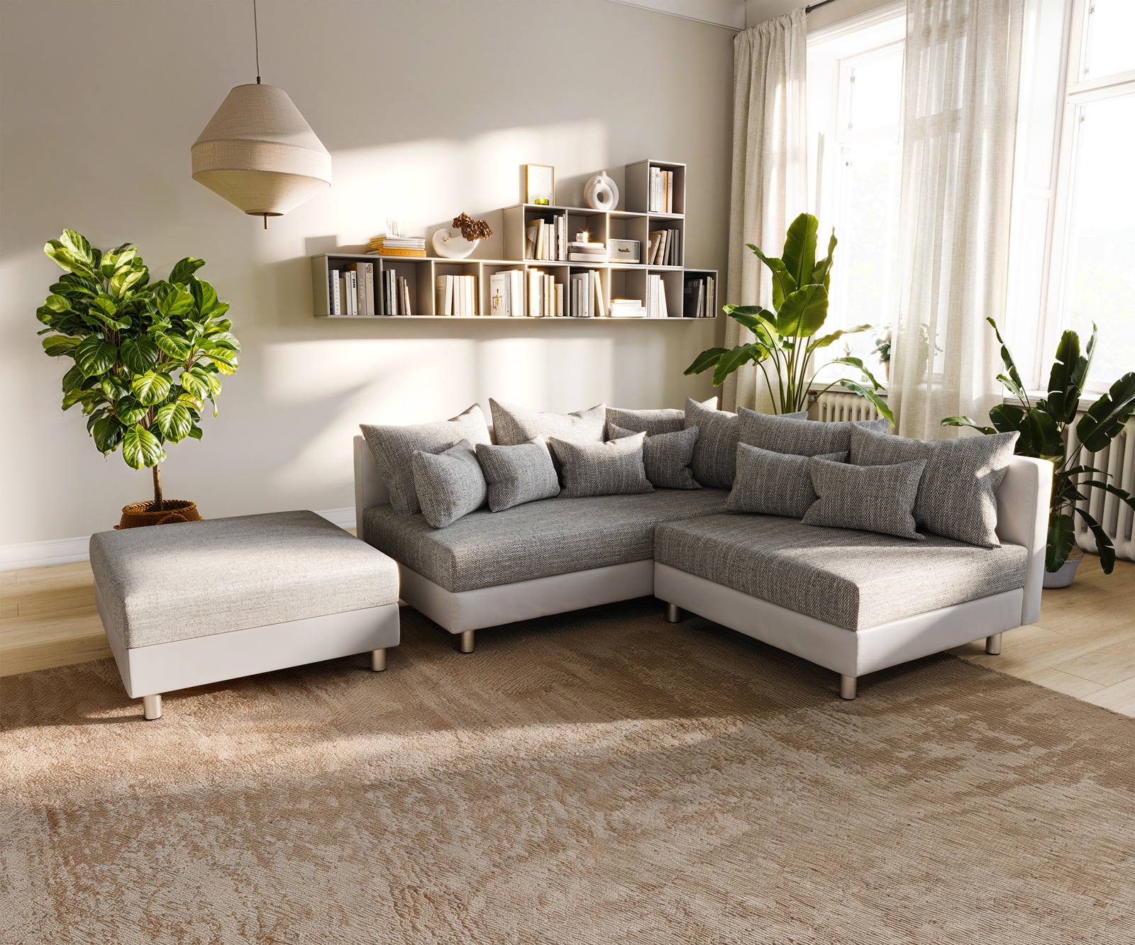 Canapé d'angle Clovis blanc gris clair canapé modulaire tabouret ottoman gauche Canapé d'angle Clovis blanc gris clair canapé modulaire tabouret ottoman gauche