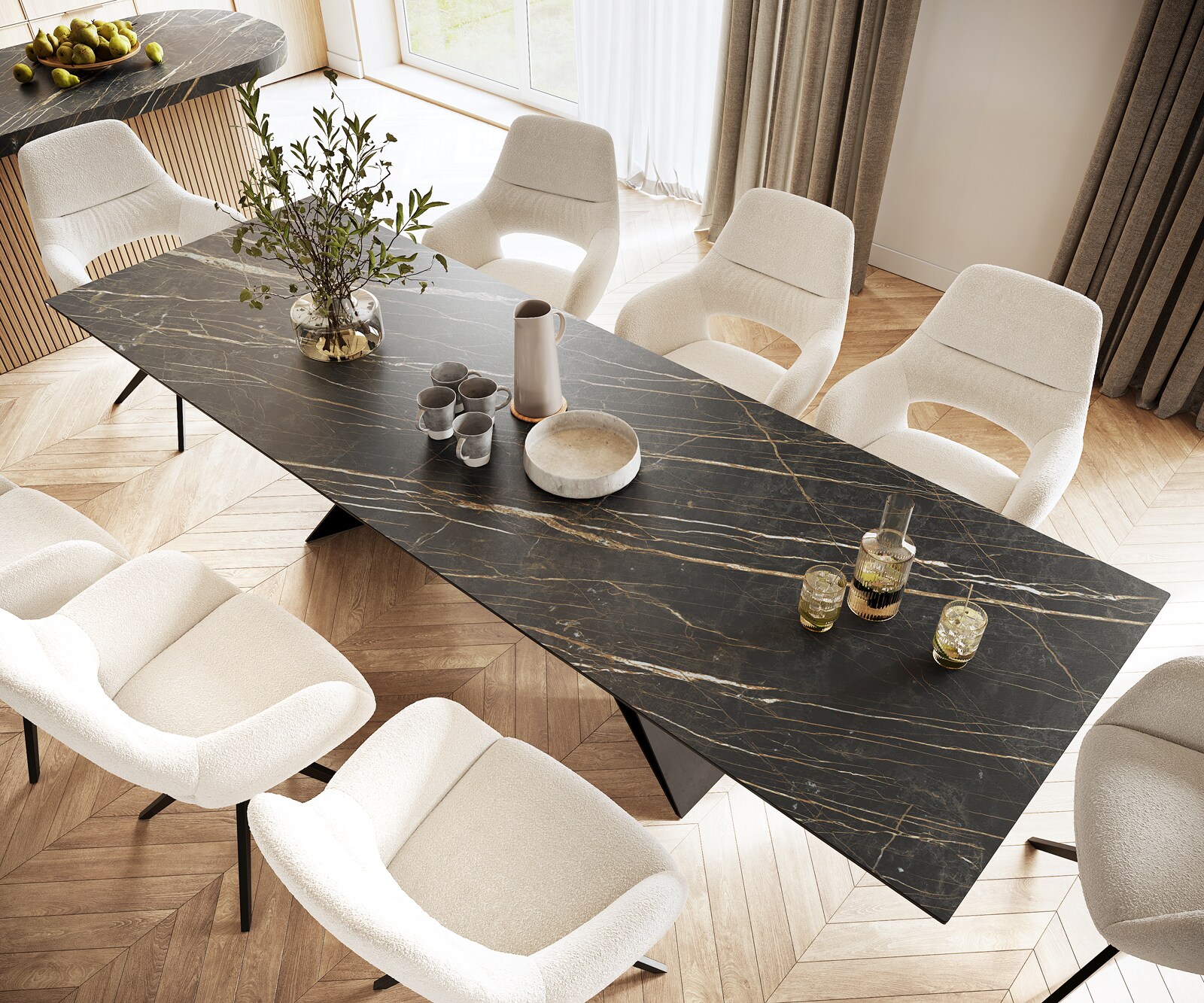 Table-à-manger Edge 300x100cm Laminam® céramique marron V-pieds milieu noir 3