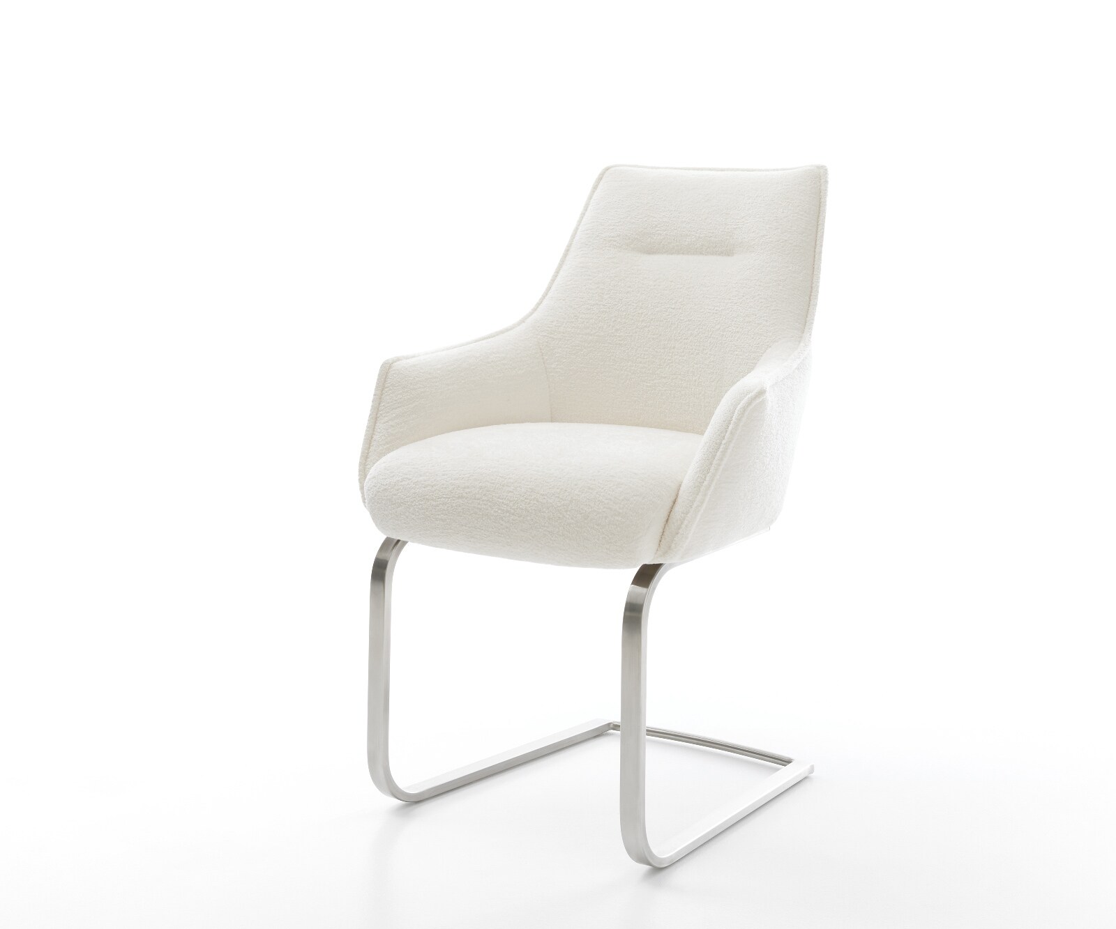 Cantilever Alja-Flex avec accoudoirs bouclé doux beige pied cantilever plat acier inoxydable resorts ensachés