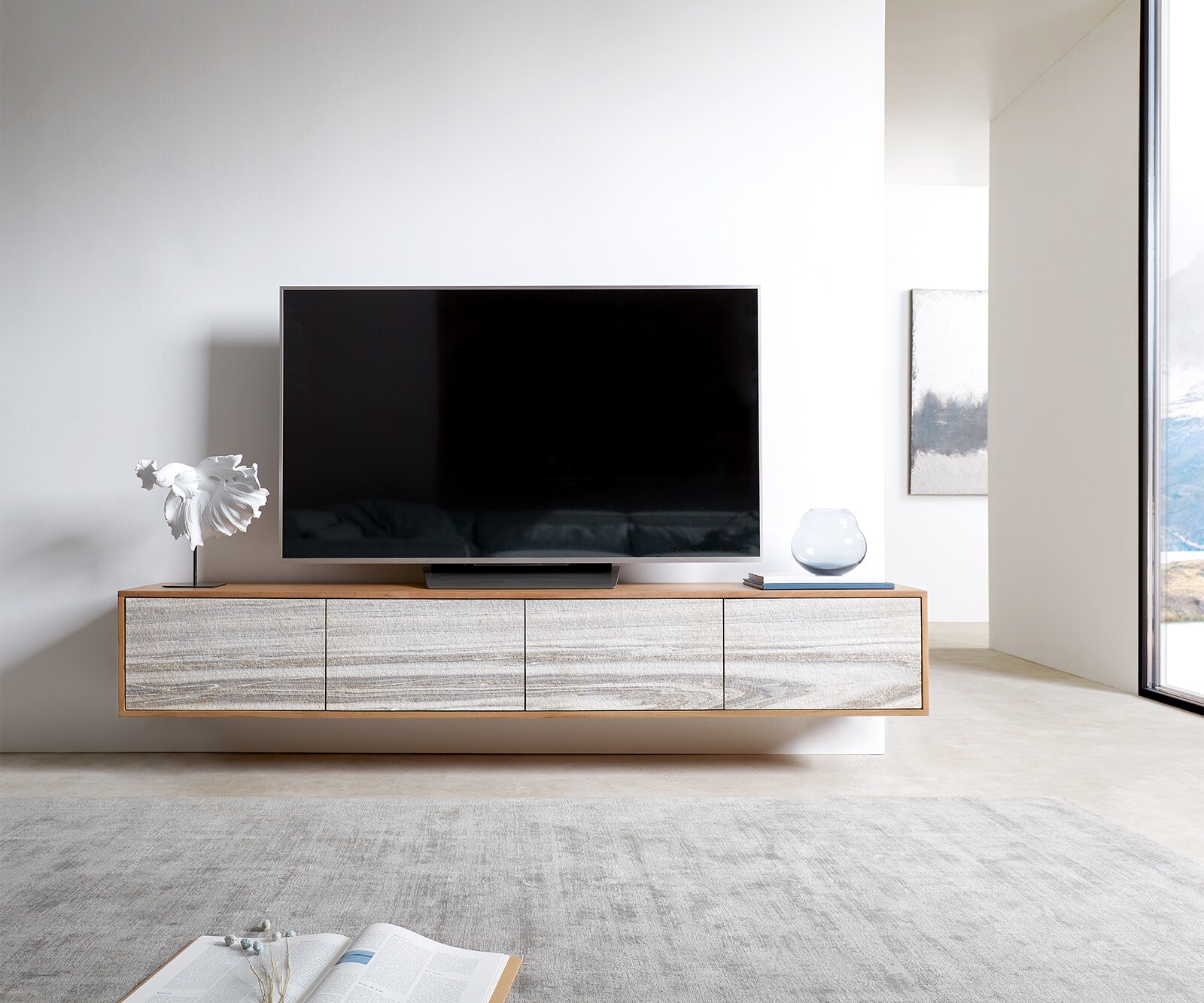 Meuble-TV Kleo 200 cm acacia naturel 4 portes flottantes 2