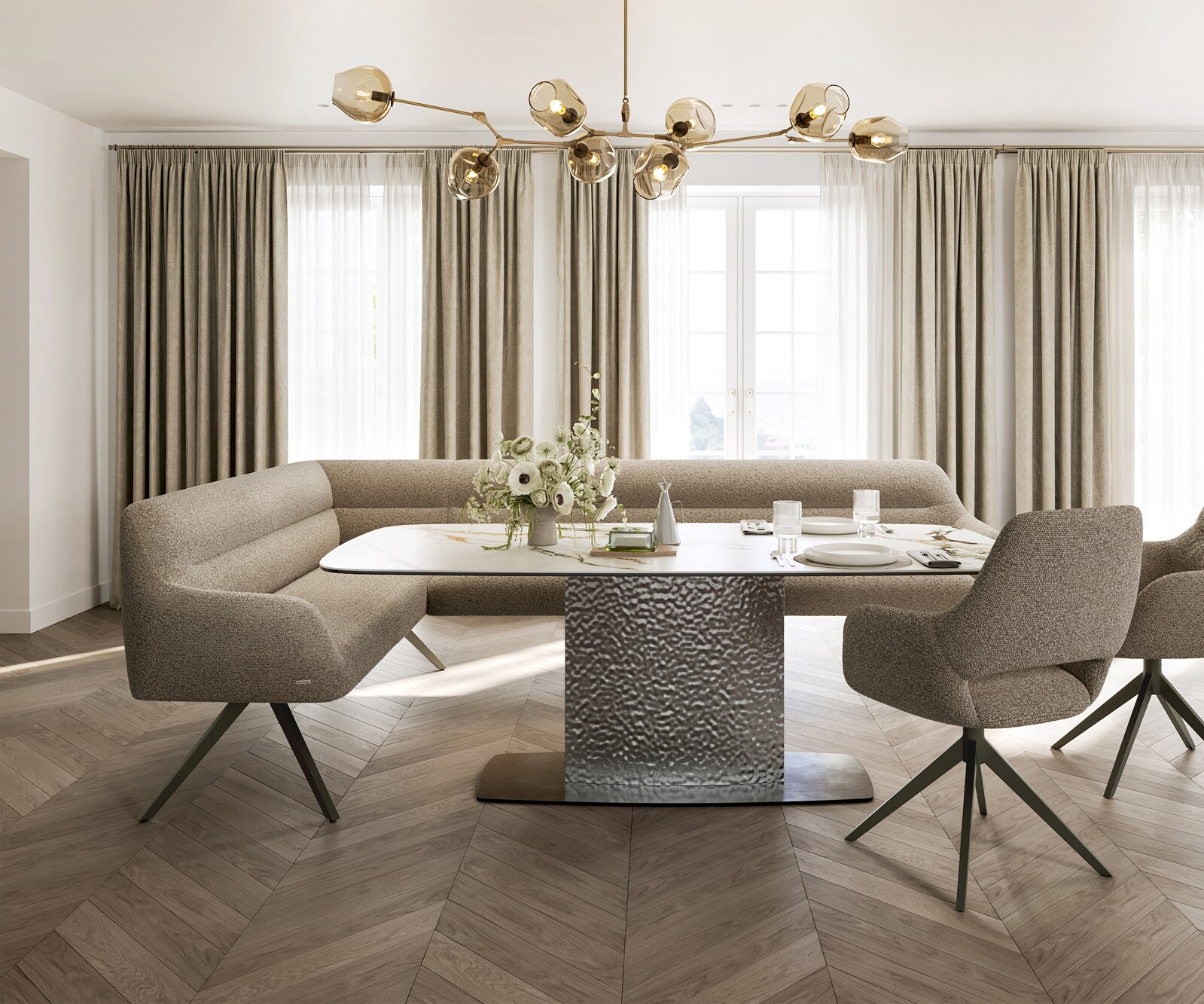 Banc-de-salle-à-manger Taya-Flex 285x190 cm bouclé boue pied croisé angulaire titane ressort ensaché à droite 2