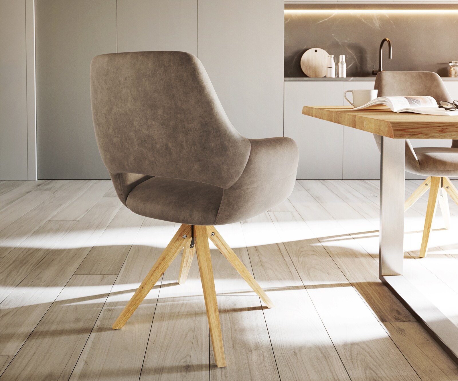 Chaise-de-salle-à-manger Yago-Flex avec accoudoirs microvelours taupe vintage pied en bois angulaire naturel ressorts ensachés 4 Chaise-de-salle-à-manger Yago-Flex avec accoudoirs microvelours taupe vintage pied en bois angulaire naturel ressorts ensachés 4