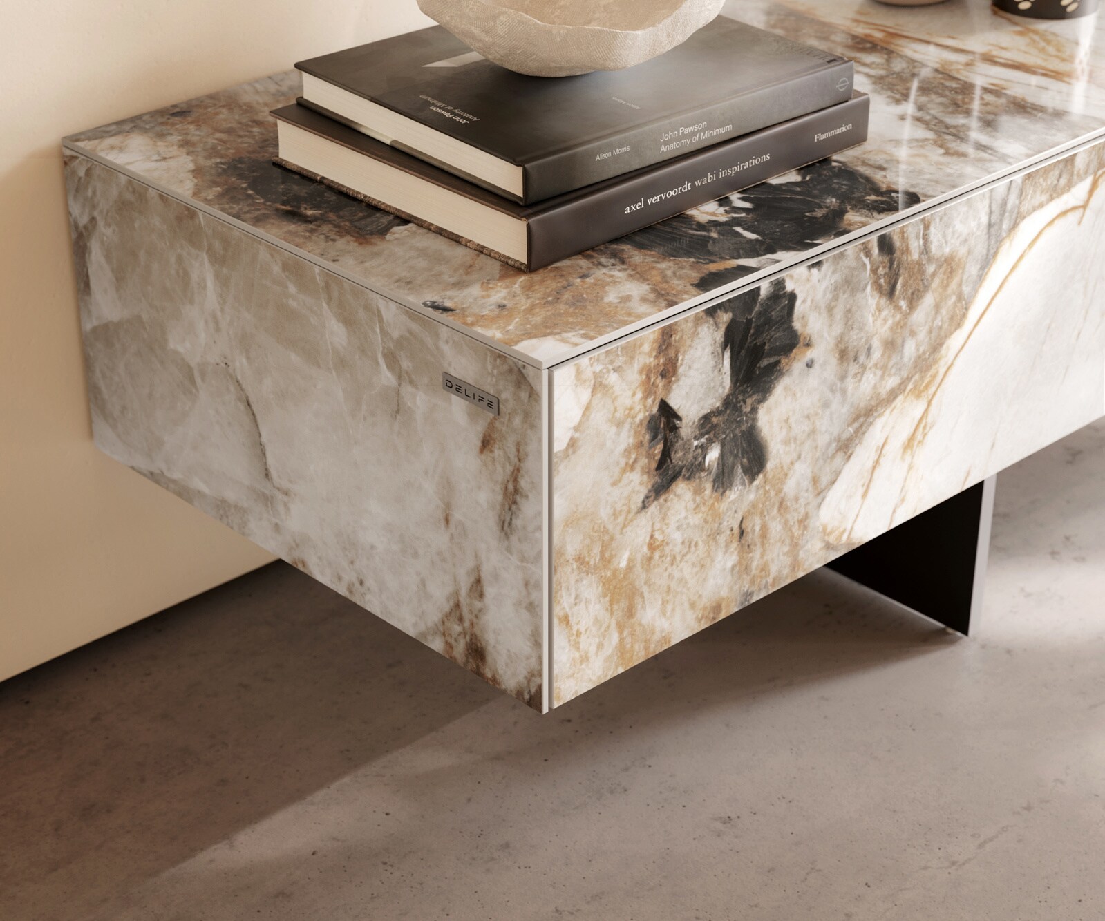 Meuble-TV Cuor 250 cm Céramique Patagonia raffinée 1 Clapet 1 Tiroir Pied optique flottant Métal Noir 6