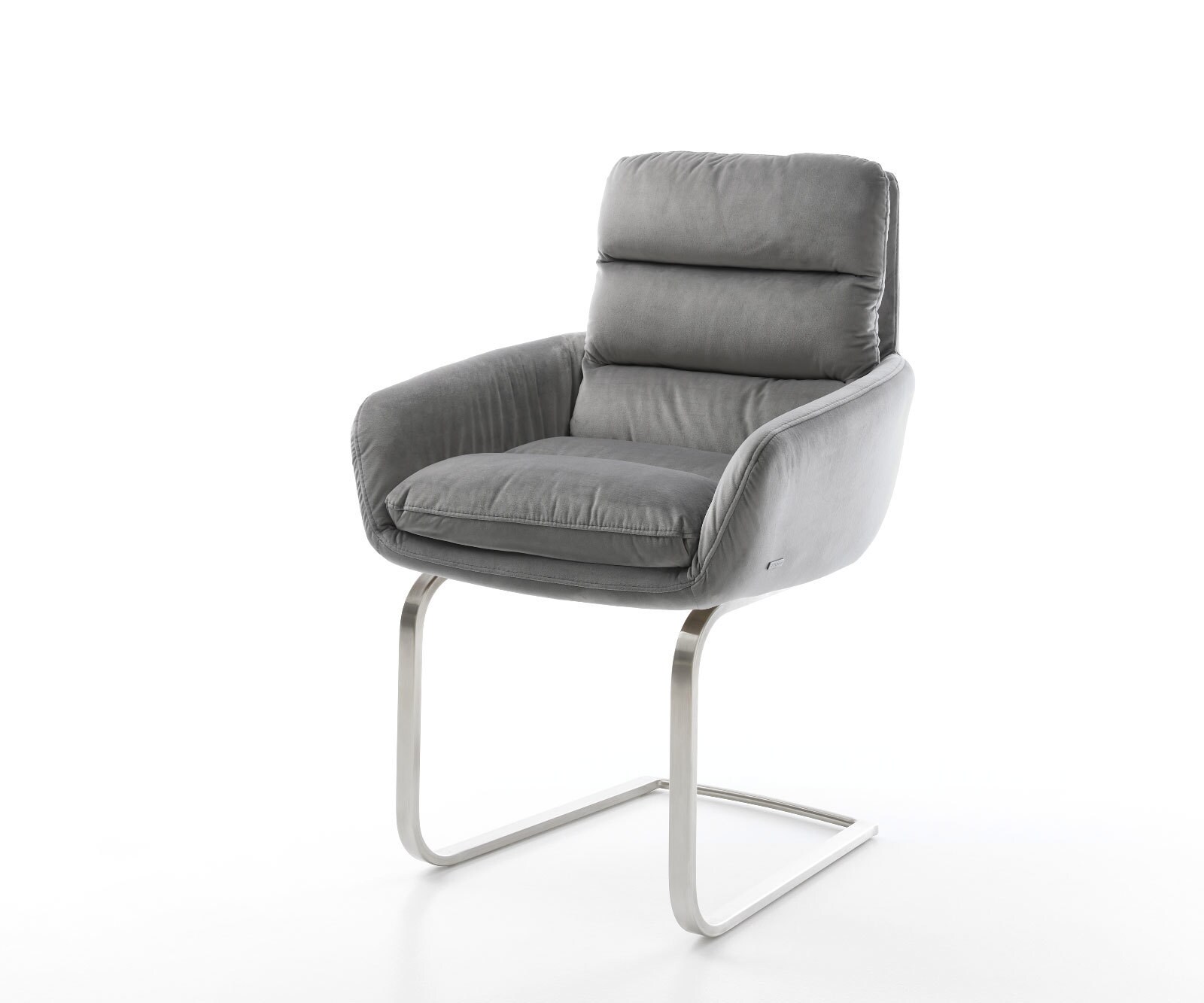 Cantilever Abelia-Flex avec accoudoirs velours gris pied cantilever plat acier inoxydable brossé