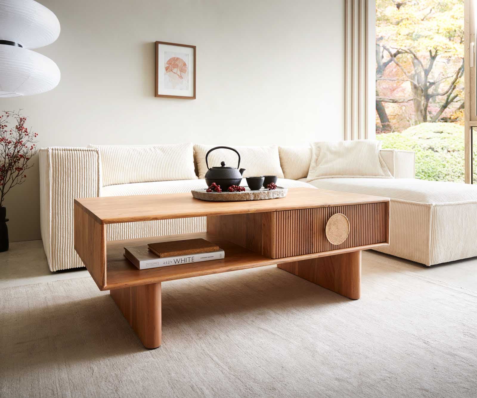 Table-basse Surimu 115x60 cm acacia brun clair 2 tiroirs liège-poignée pieds en bois Table-basse Surimu 115x60 cm acacia brun clair 2 tiroirs liège-poignée pieds en bois