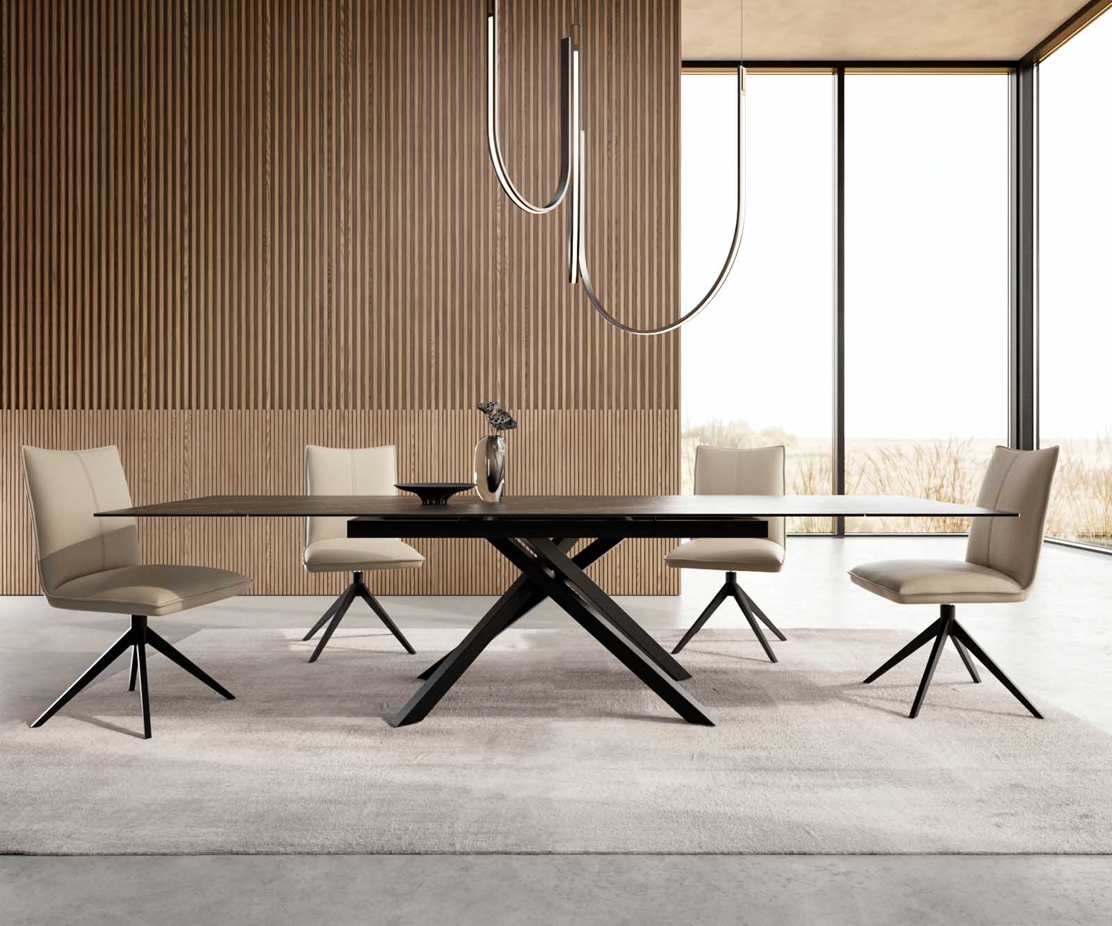 Table à manger Edge 200-300x100 céramique Laminam®Noir Desir marron cadre croisé rectangulaire noir extensible 1