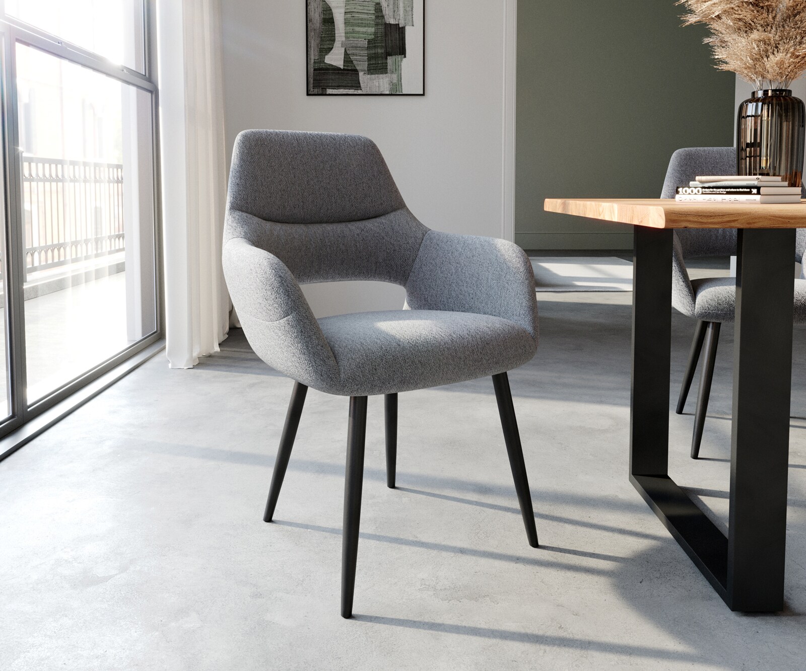 Chaise-de-salle-à-manger Yago-Flex avec accoudoirs tissu texturé gris clair 4 pieds coniques noir ressorts ensachés