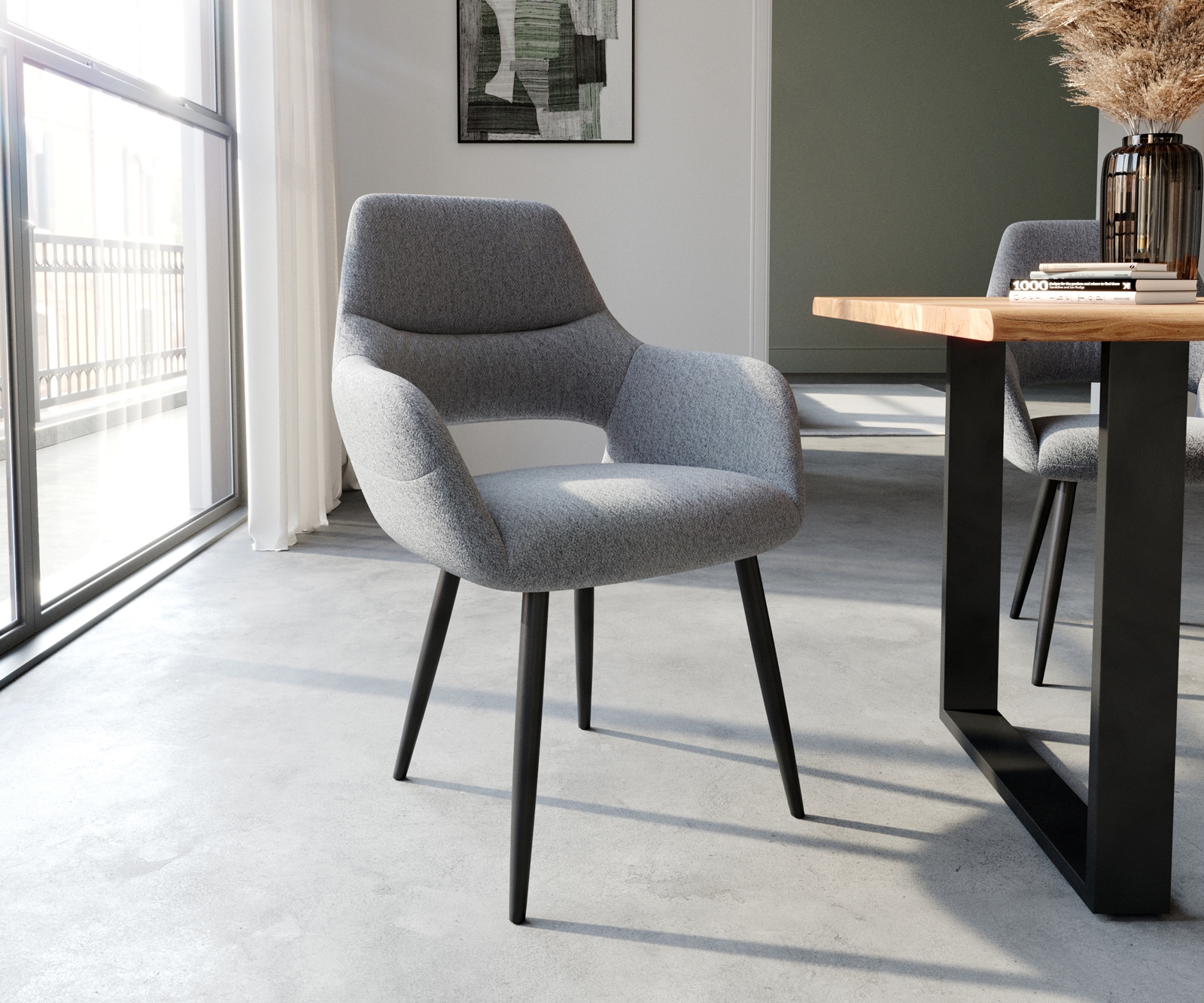 Chaise-de-salle-à-manger Yago-Flex avec accoudoirs tissu texturé gris clair 4 pieds coniques noir ressorts ensachés Chaise-de-salle-à-manger Yago-Flex avec accoudoirs tissu texturé gris clair 4 pieds coniques noir ressorts ensachés