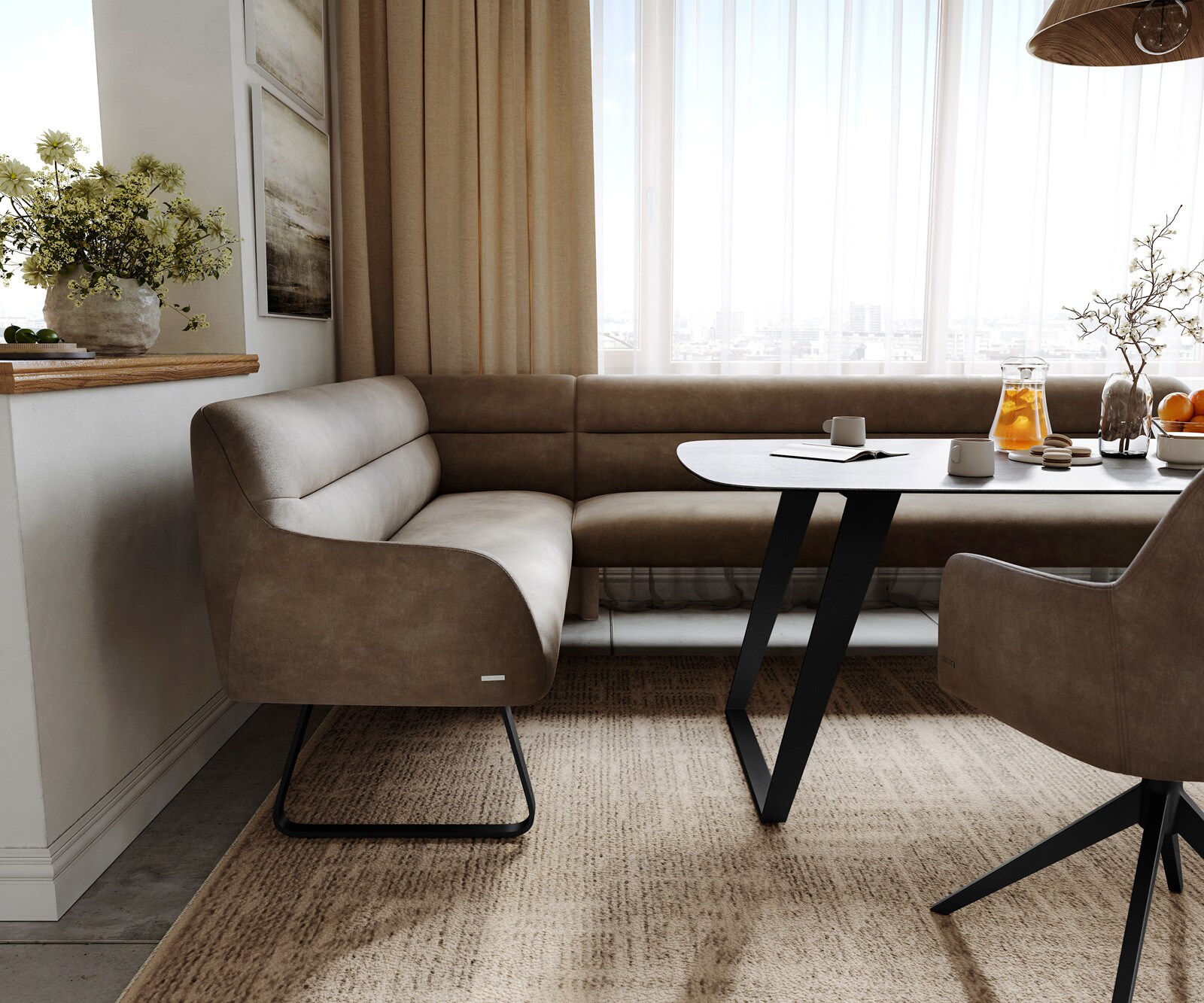 Banc-de-salle-à-manger Taya-Flex 285x190 cm microfibre taupe vintage châssis à patins plat noir ressort ensaché à droite 5