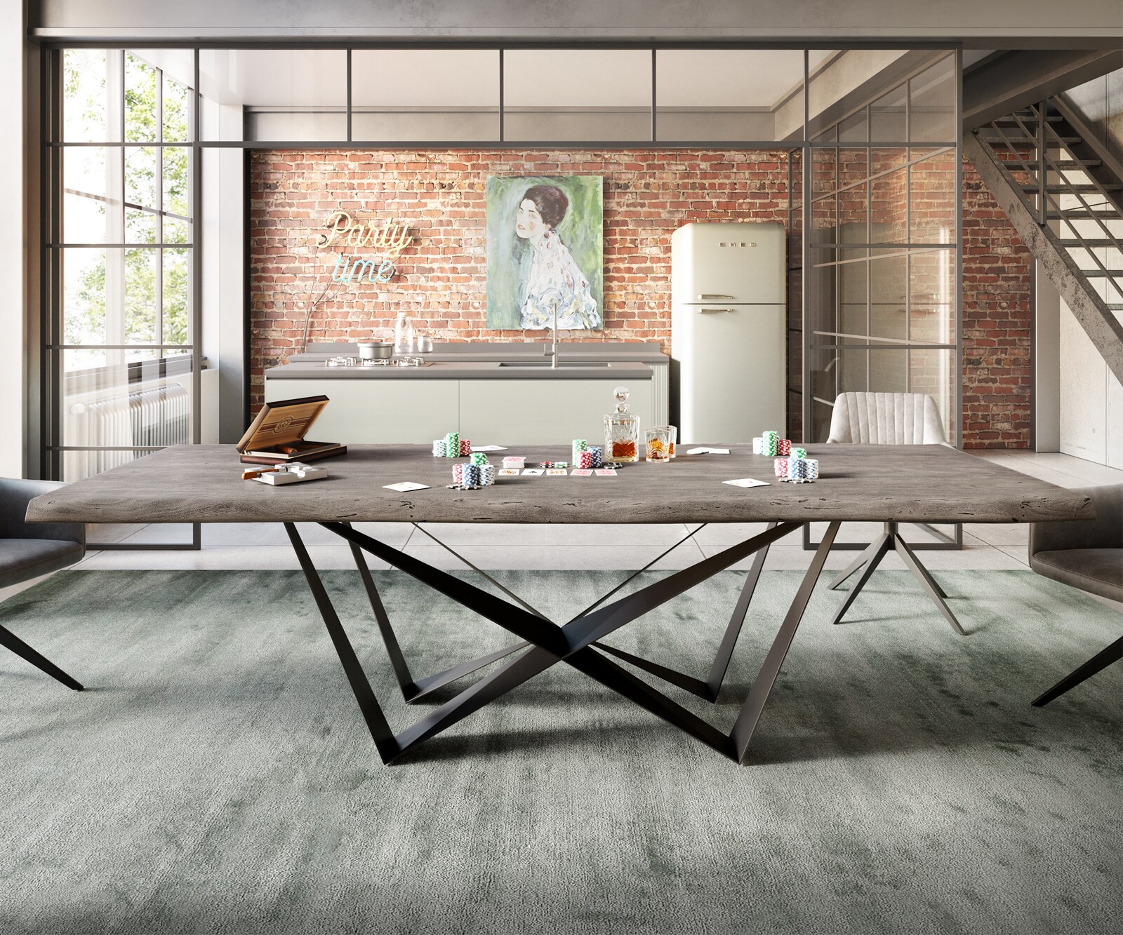 Table à manger Edge 260x100 XL acacia platine Spider acier plat noir Live-Edge 5
