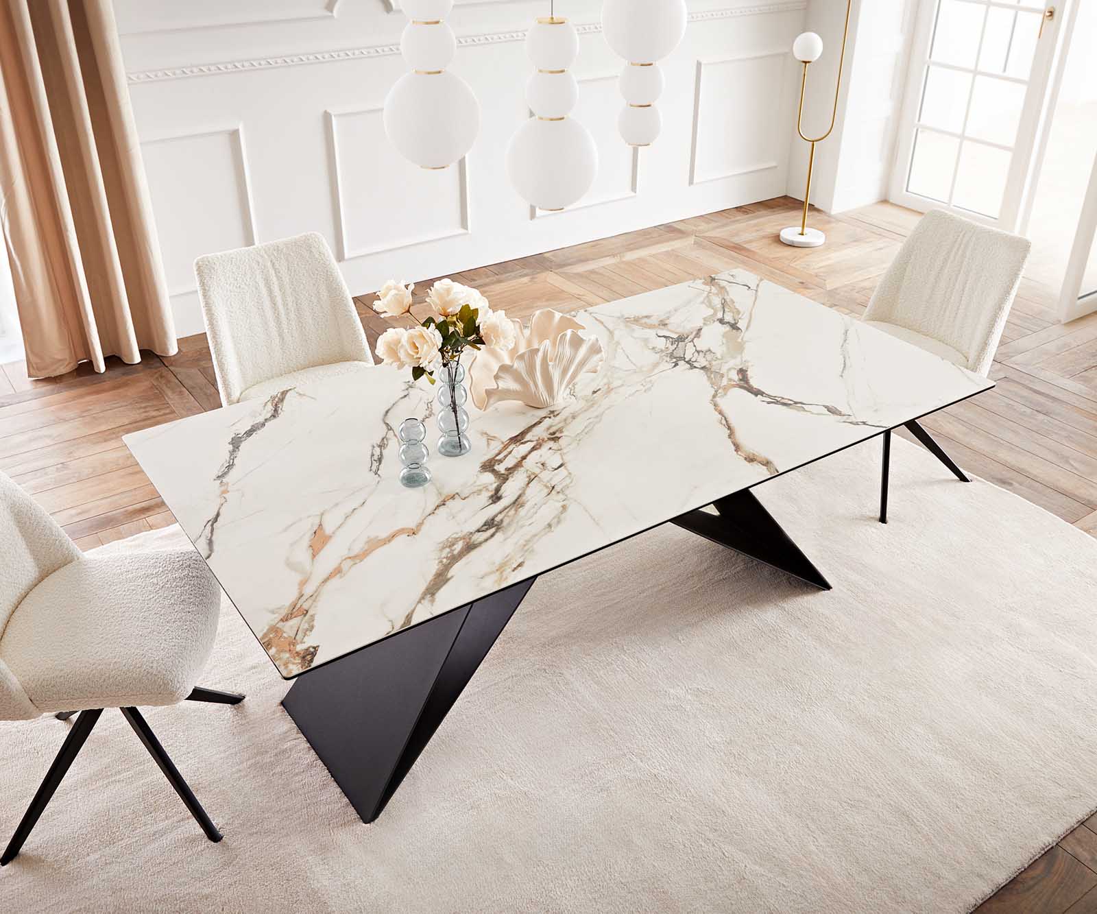 Table à manger Edge 200x100 céramique Calacatta Luxe blanc-doré-gris cadre en V acier plat noir 5
