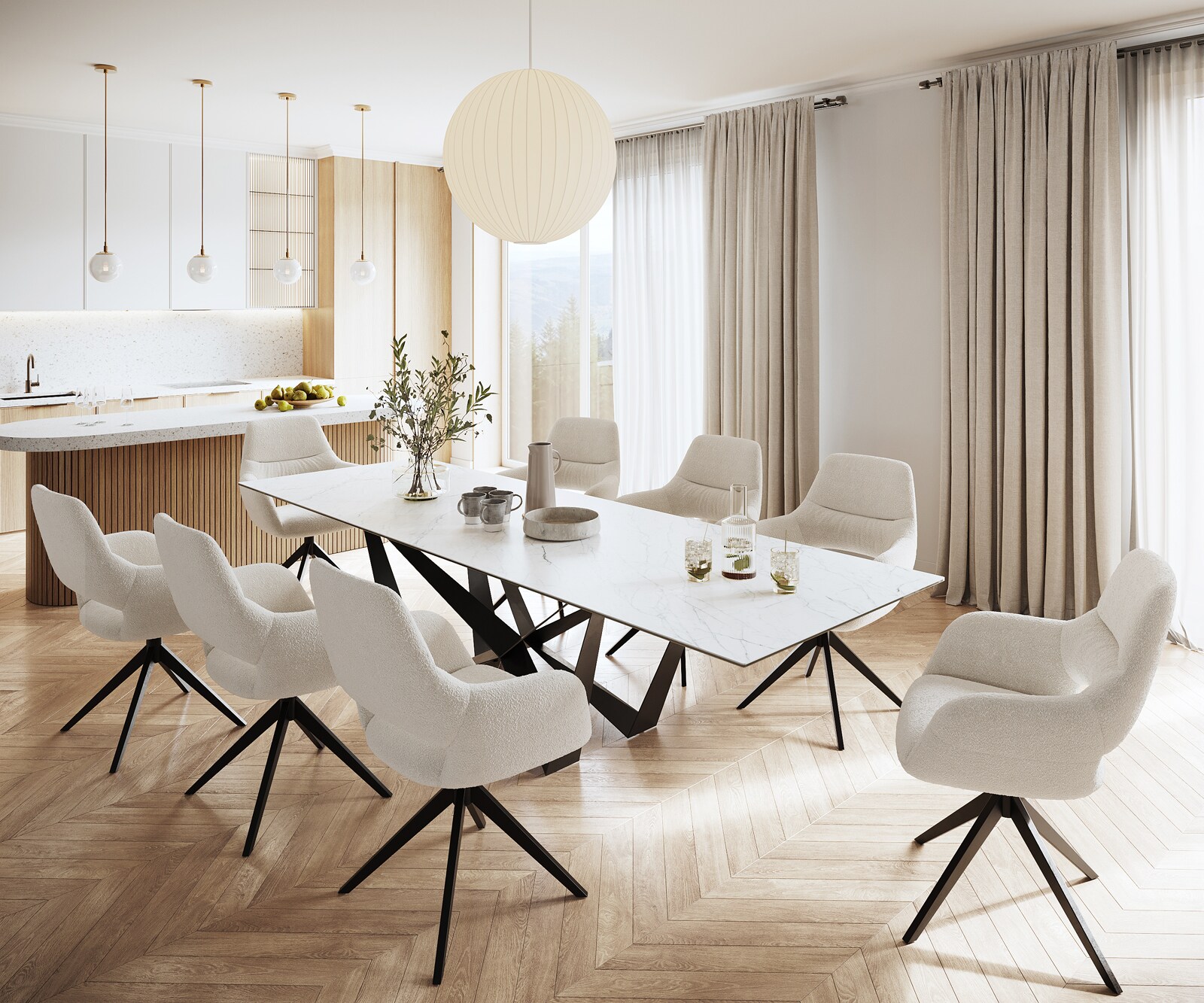 Table-à-manger Edge 300x100cm Laminam® céramique blanc pieds milieu acier plat noir 6